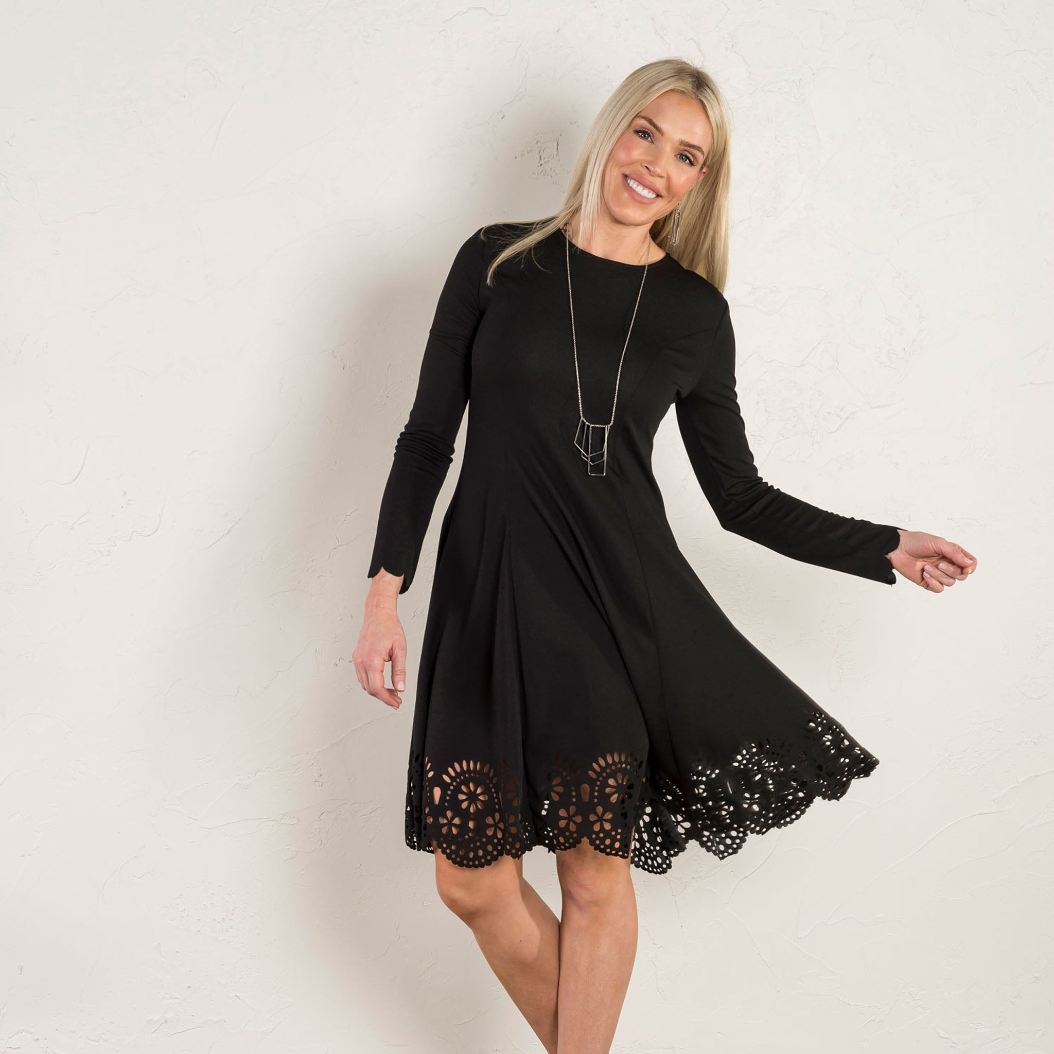 Black Scallop Edge Mid Length Dress With Laser Cut Hem Elsie Zoey