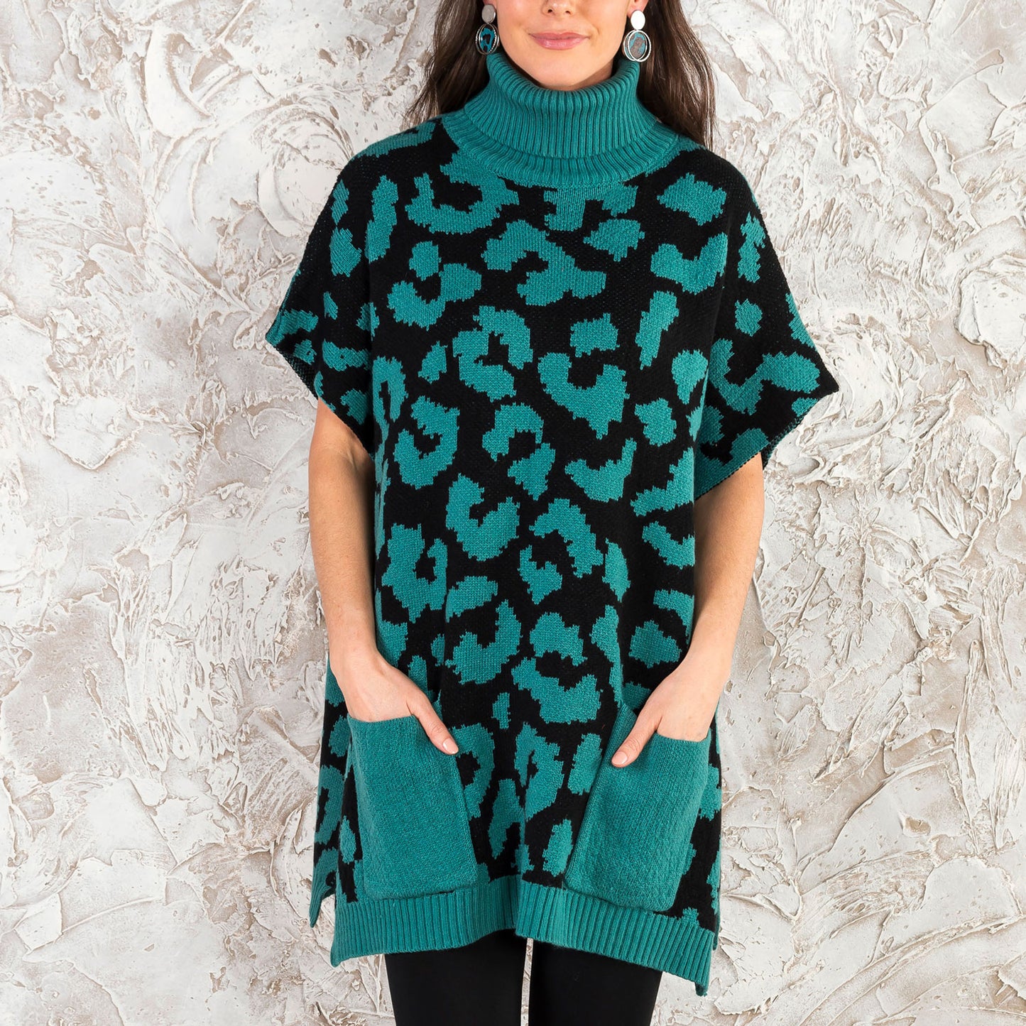 Teal Leopard Turtleneck Poncho With Patch Pockets