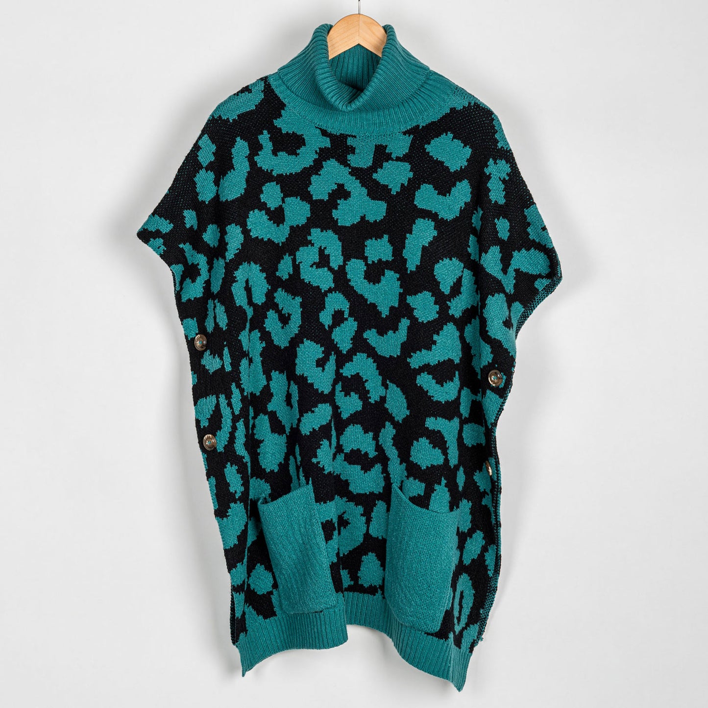 Teal Leopard Turtleneck Poncho With Patch Pockets