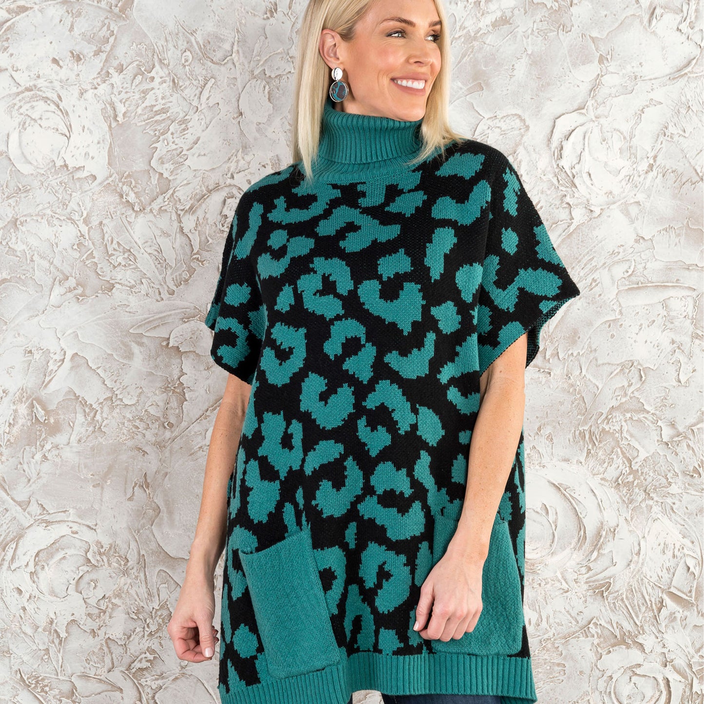 Teal Leopard Turtleneck Poncho With Patch Pockets