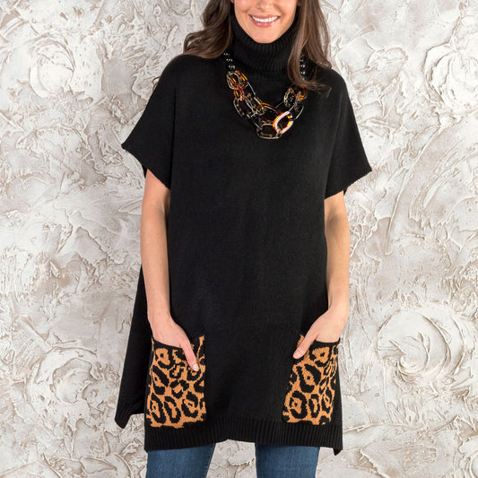 Black Leopard Turtleneck Poncho With Patch Pockets