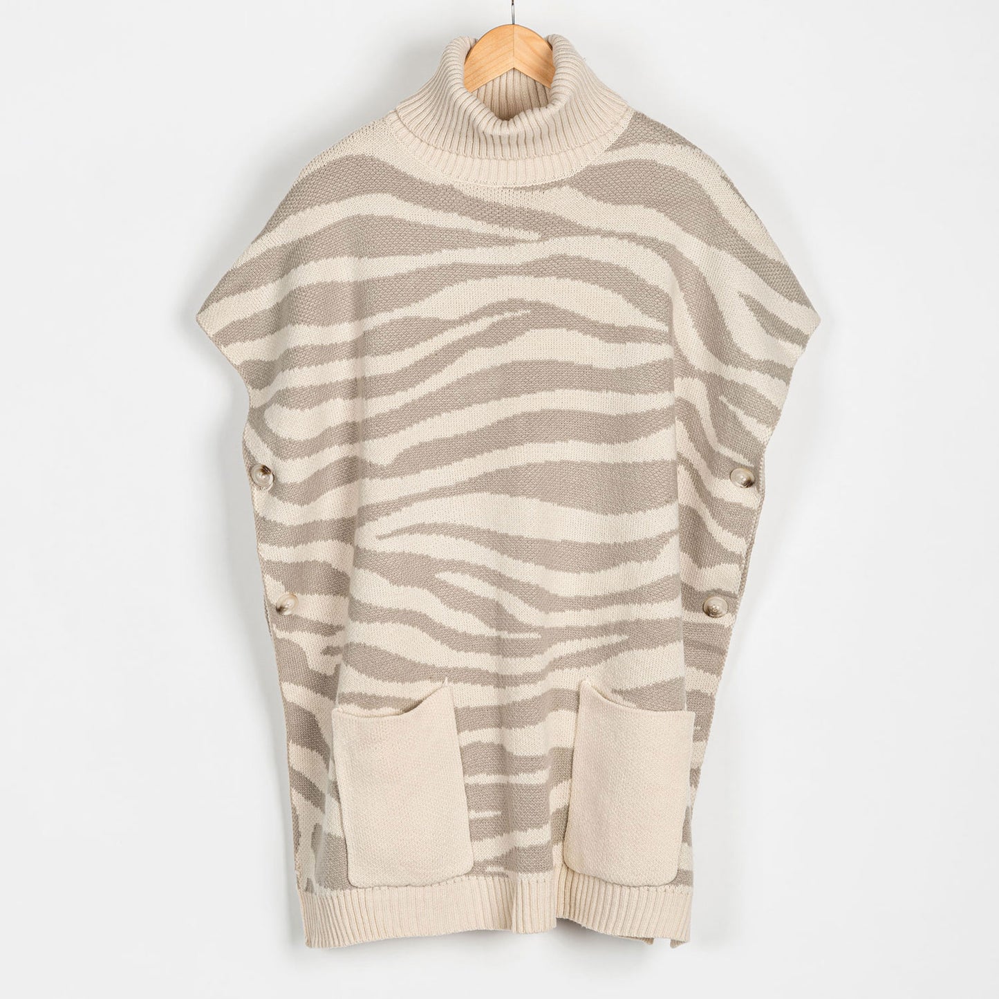 Cream Tiger Turtleneck Poncho With Patch Pockets