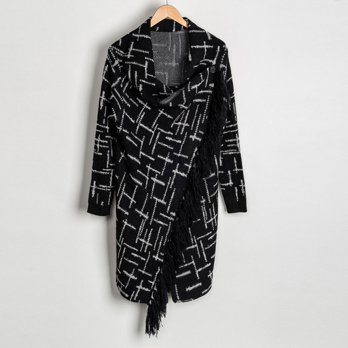 Black Geo Plaid Asymmetrical Wrap Sweater With Fringe Detail