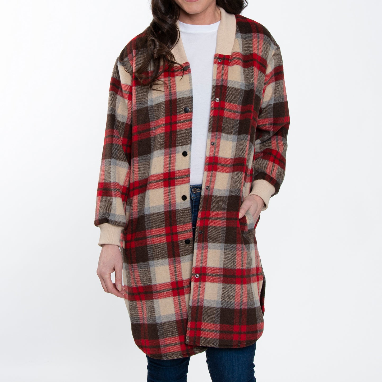 Arlo Long Sleeve Brushed Twill Button Up Long Plaid Shacket