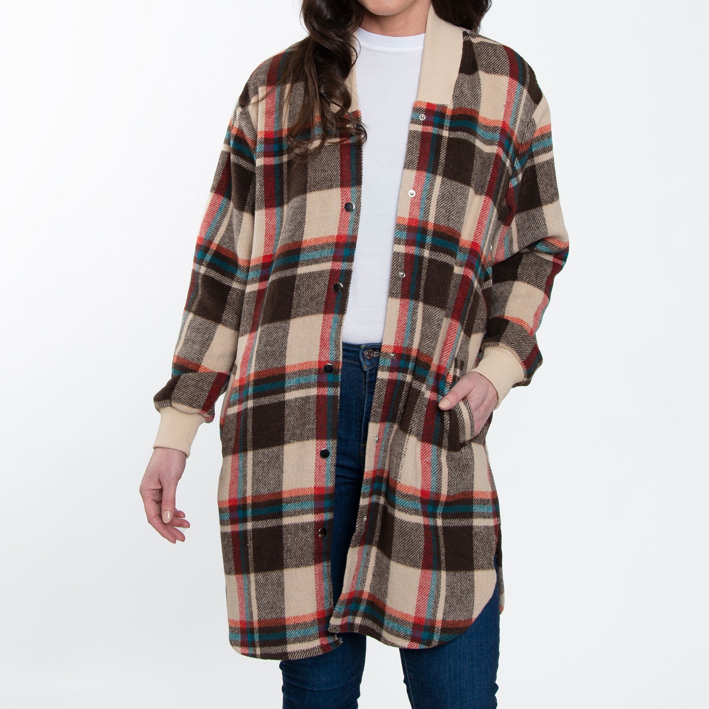 Arlo Long Sleeve Brushed Twill Button Up Long Plaid Shacket