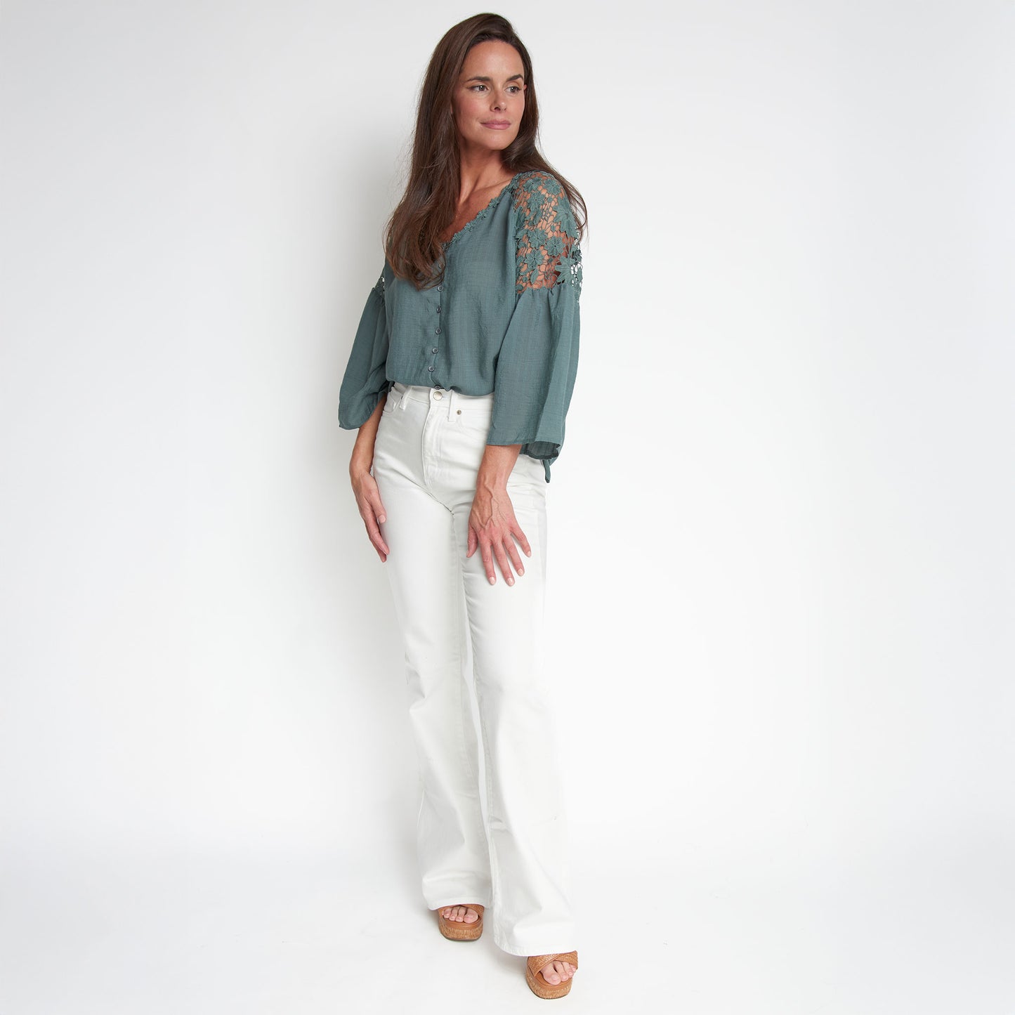 Mckenna Lace Back Long Sleeve V-Neck Blouse