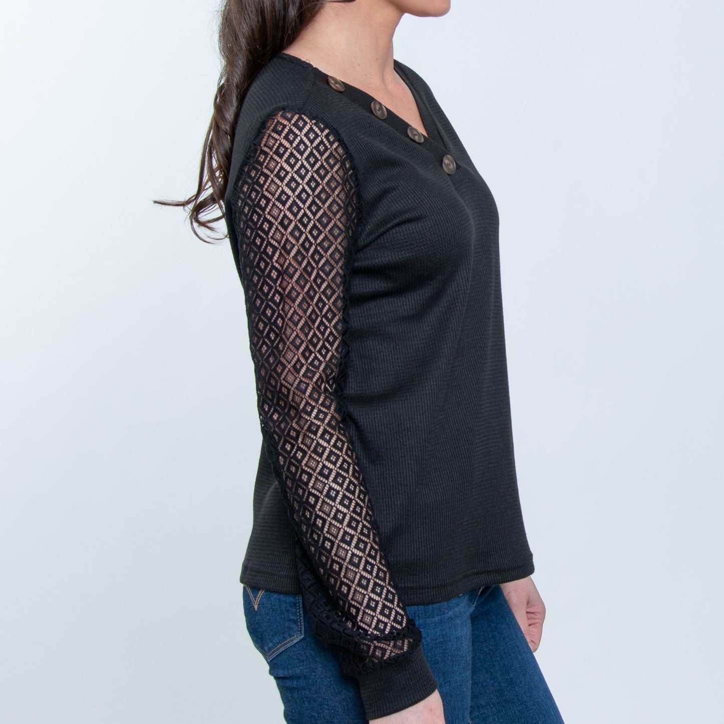 Dru Lace Long Sleeve Thermal V-Neck Sweater