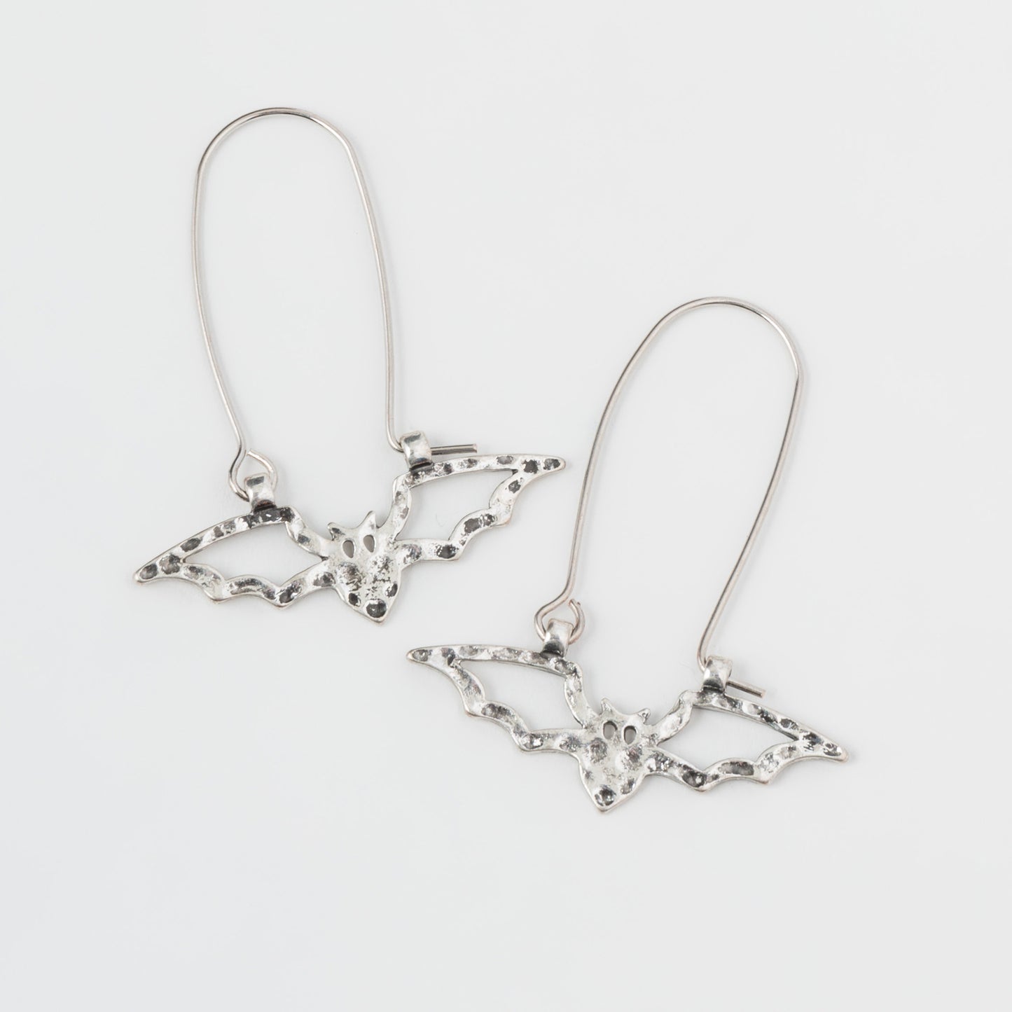 Halloween Silver Hammered Bat Dangle Earrings