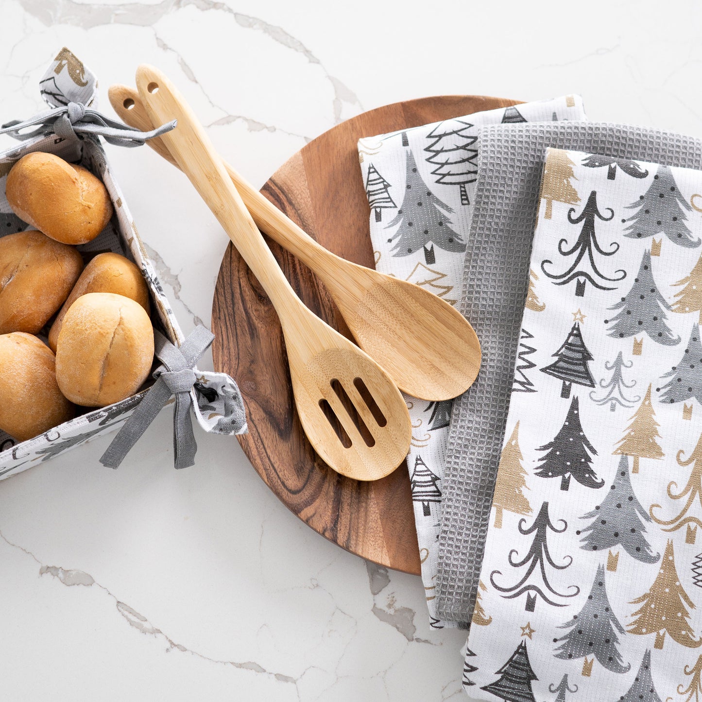 4 Piece Holiday Trees Tea Towel & Bread Basket Set