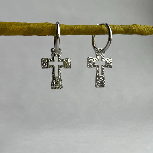 Celesta Cross Charm Hammered Hoop Earrings