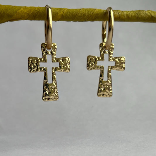 Celesta Cross Charm Hammered Hoop Earrings