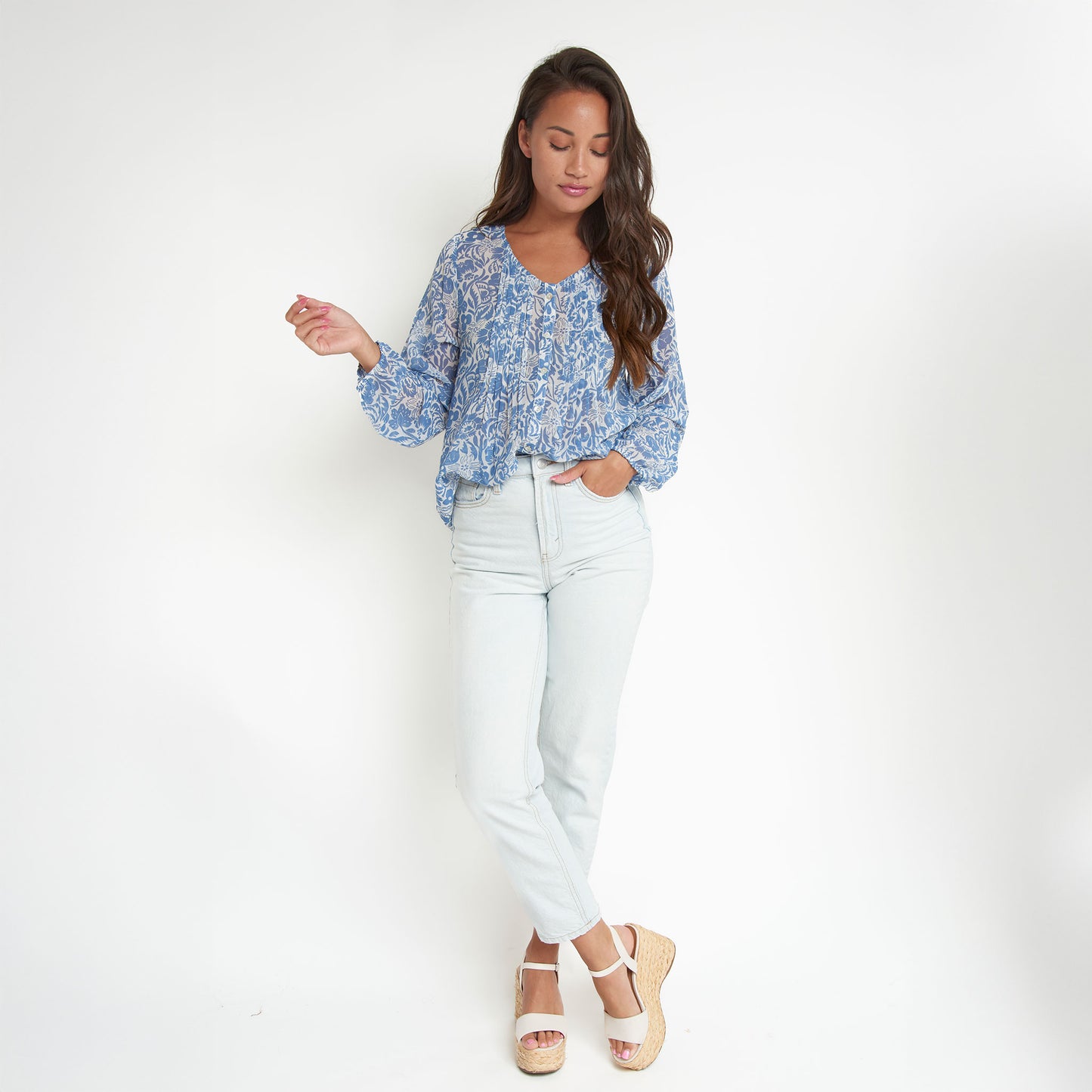 Jonna Long Sleeve Button Up Pintuck Blouse