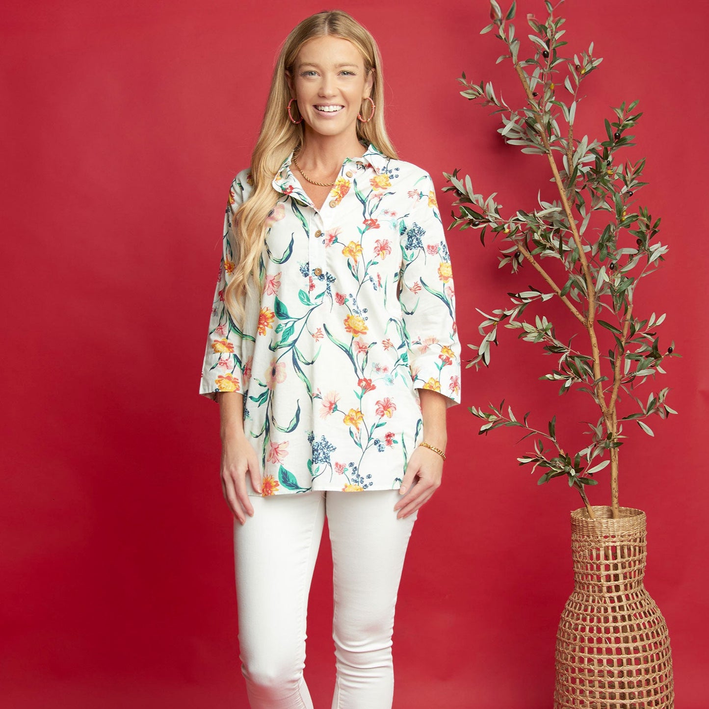 Tessa 3/4 Sleeve Collared Tunic Blouse