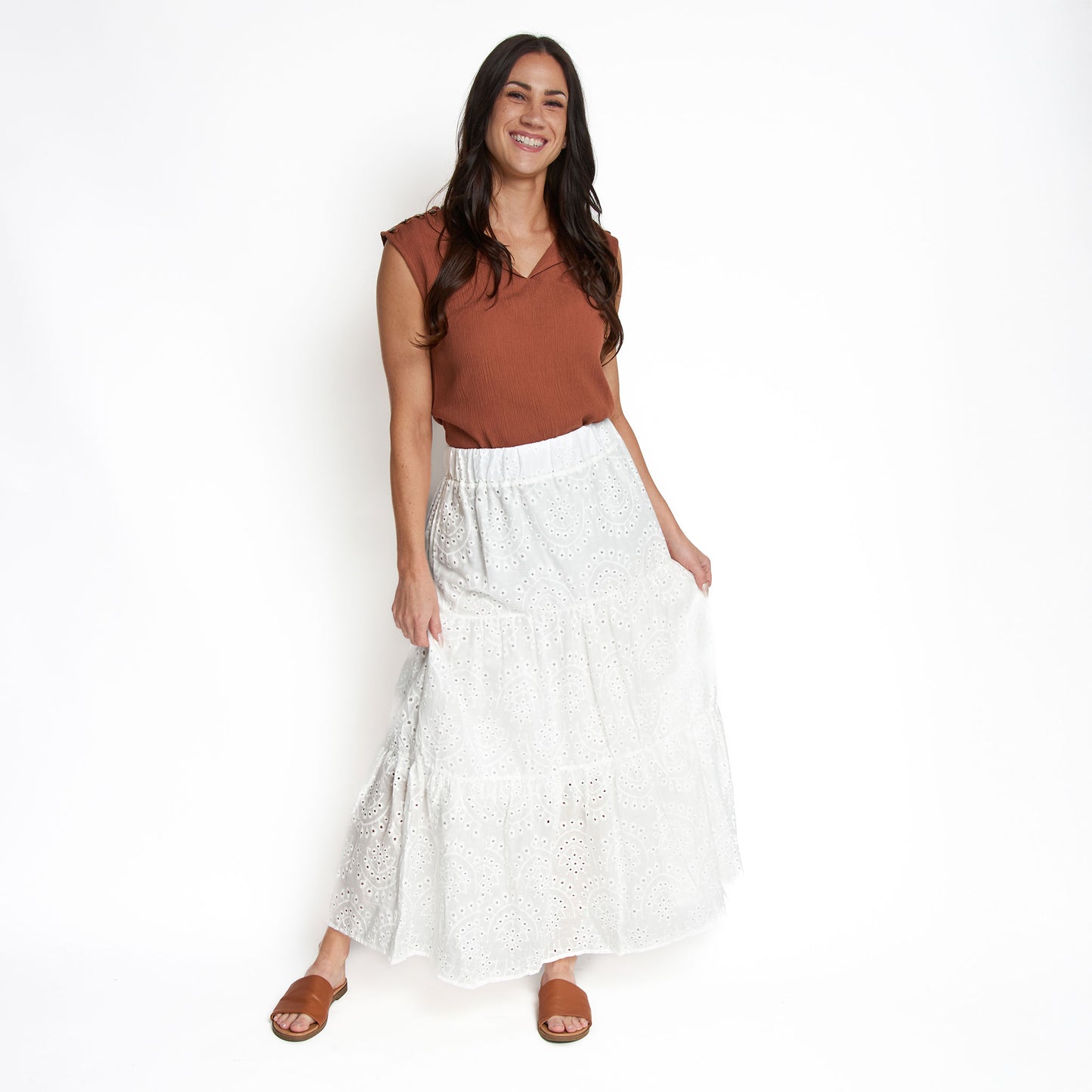 Solange Embroidered Eyelet Paneled Maxi Skirt