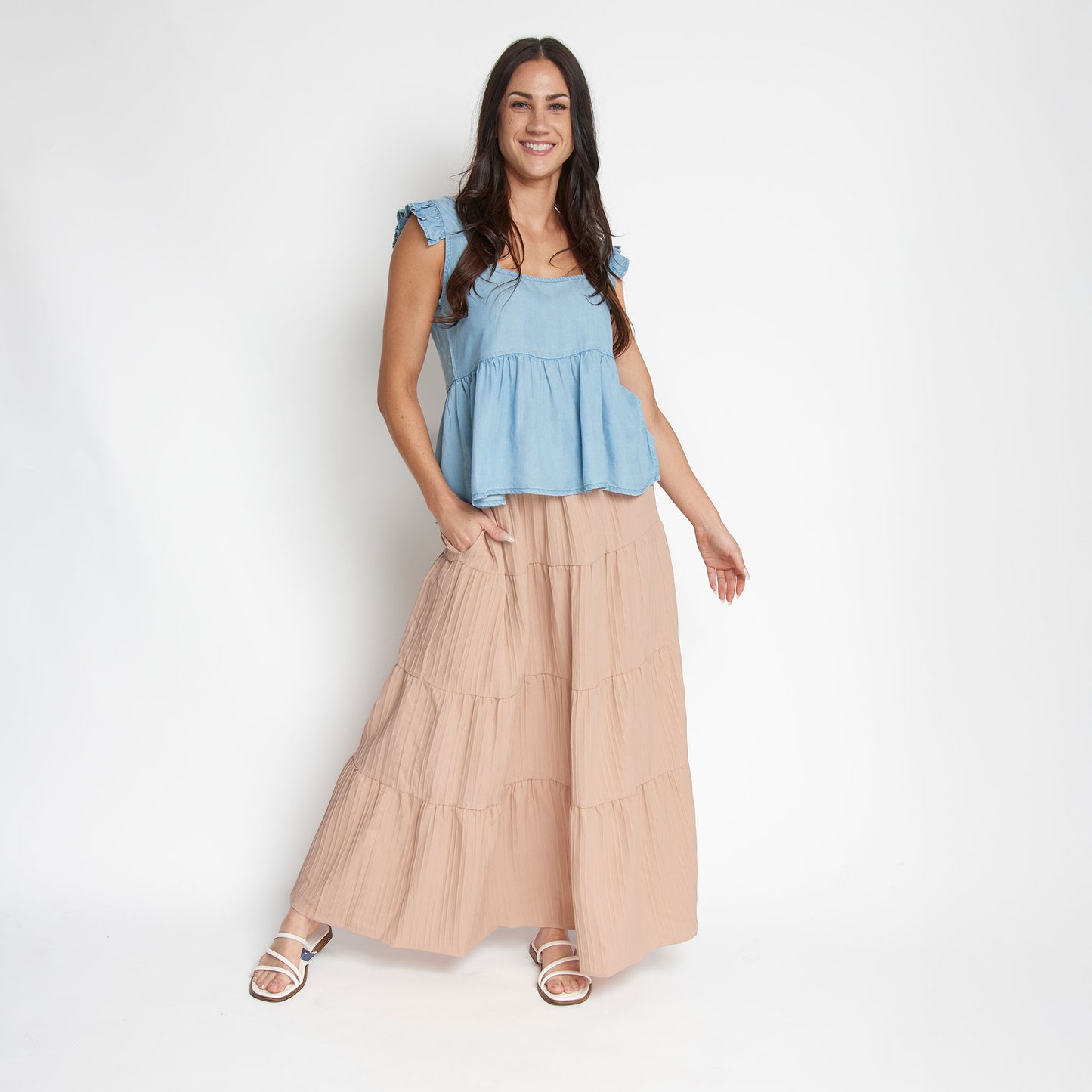 McKay Tiered Rosewater Maxi Skirt with Pockets