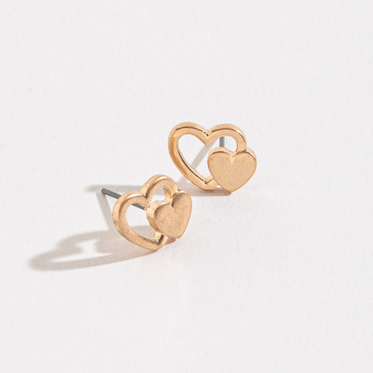 Double Heart Gold Stud Buds Earrings