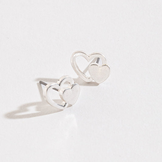 Double Heart Silver Stud Buds Earrings