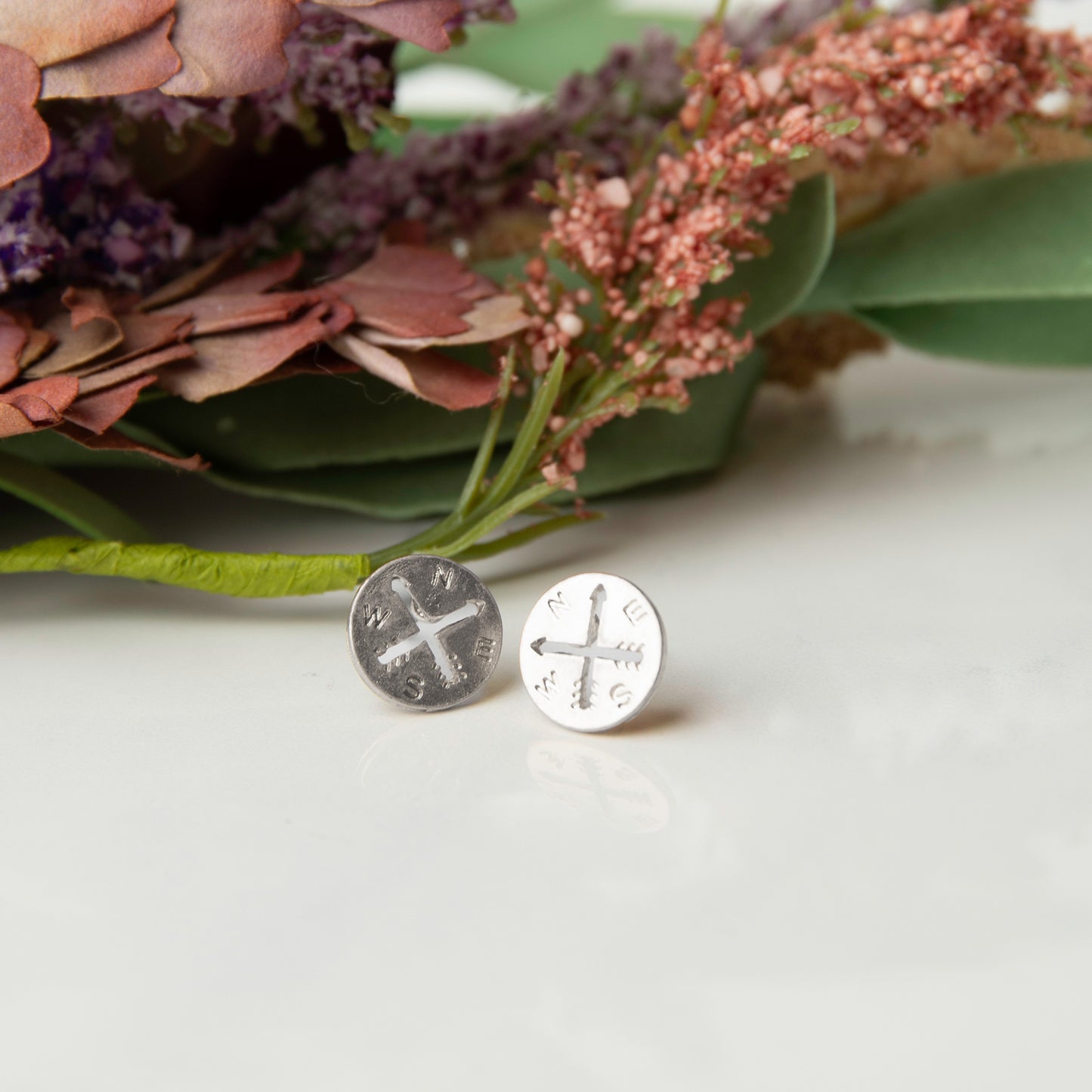 Compass Silver Stud Bud Earrings