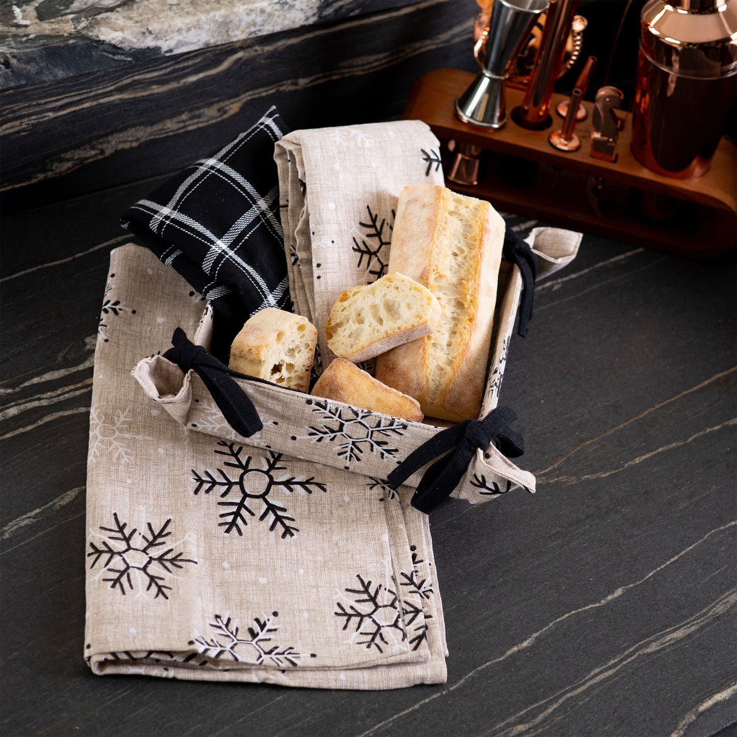 4 Piece Neutral Black Snowflake Tea Towel & Bread Basket Se