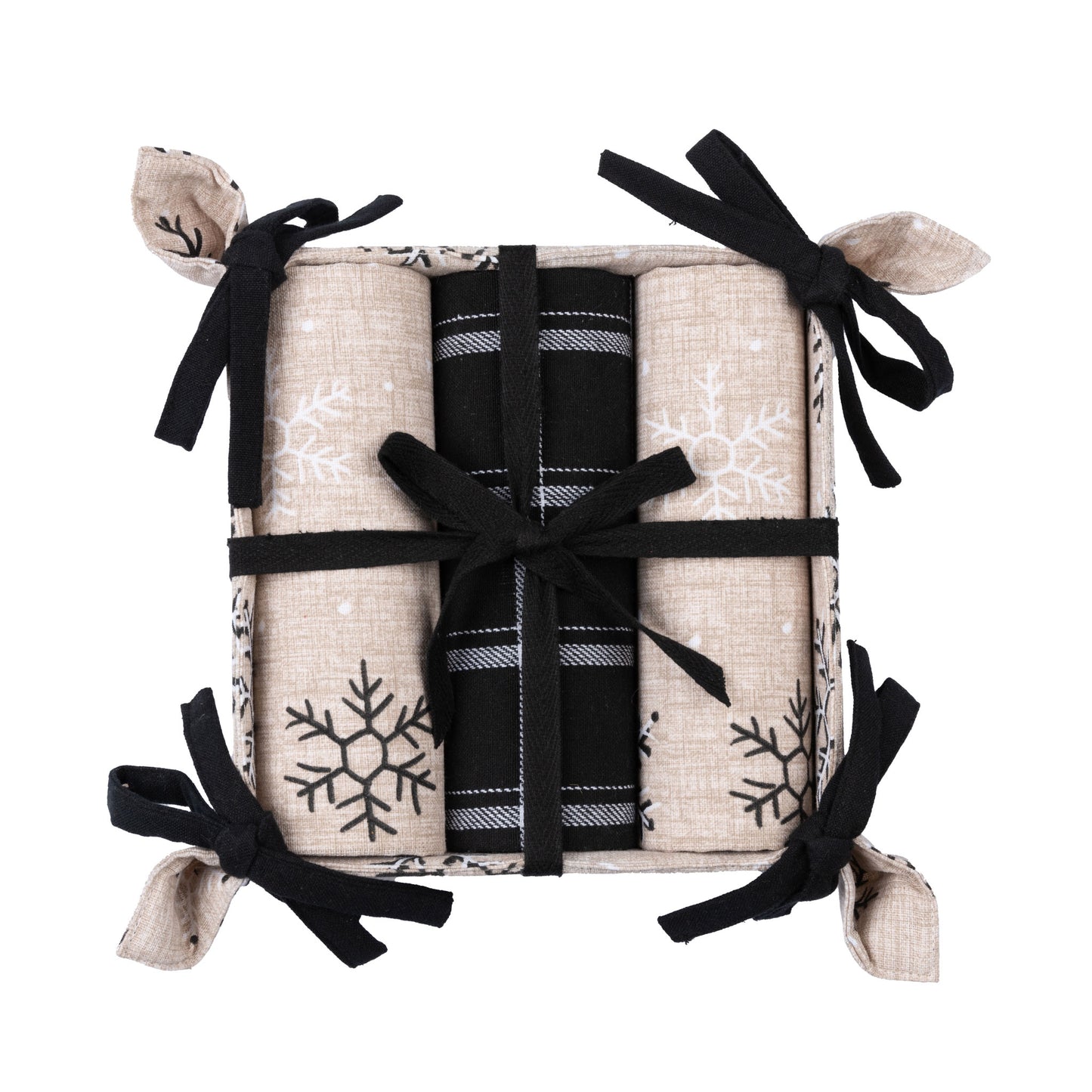 4 Piece Neutral Black Snowflake Tea Towel & Bread Basket Se