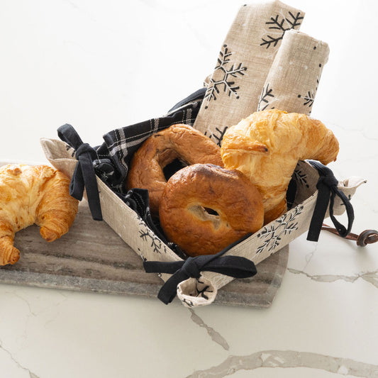 4 Piece Neutral Black Snowflake Tea Towel & Bread Basket Se