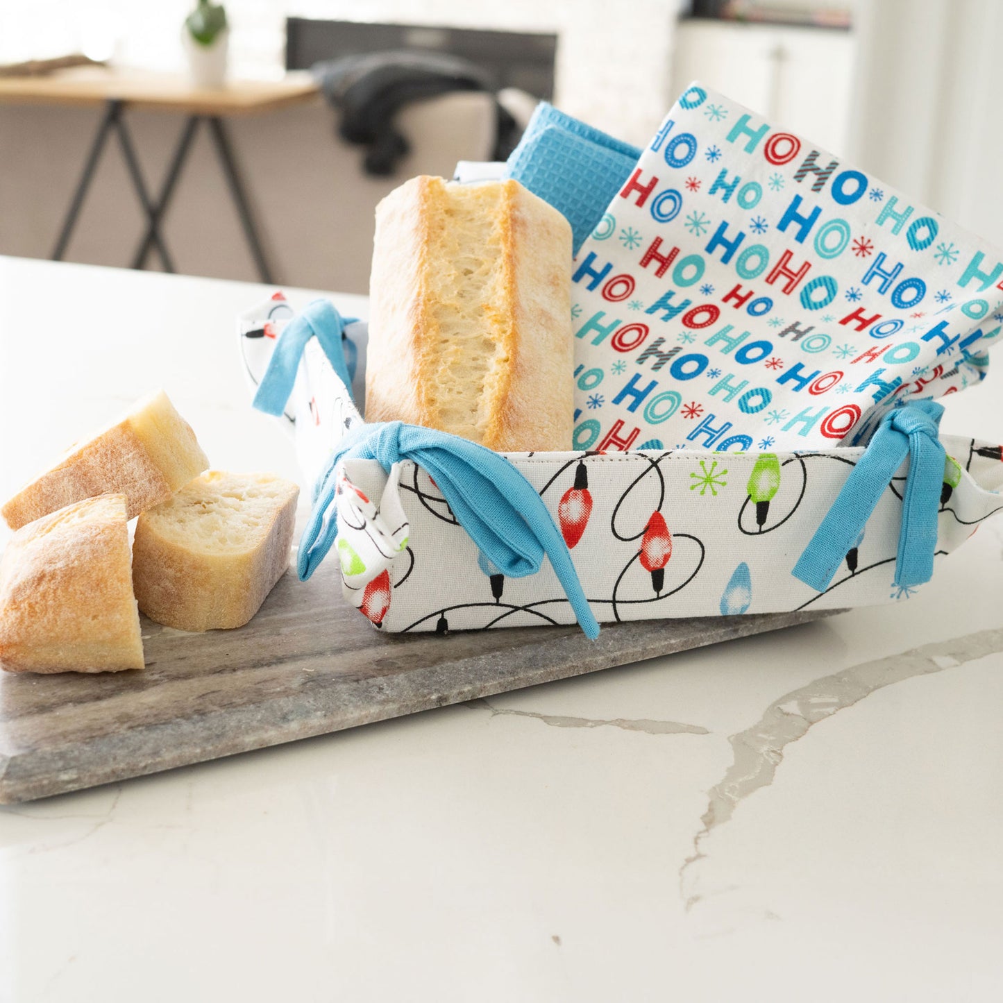 4 Piece Bright Christmas Tea Towel & Bread Basket Set