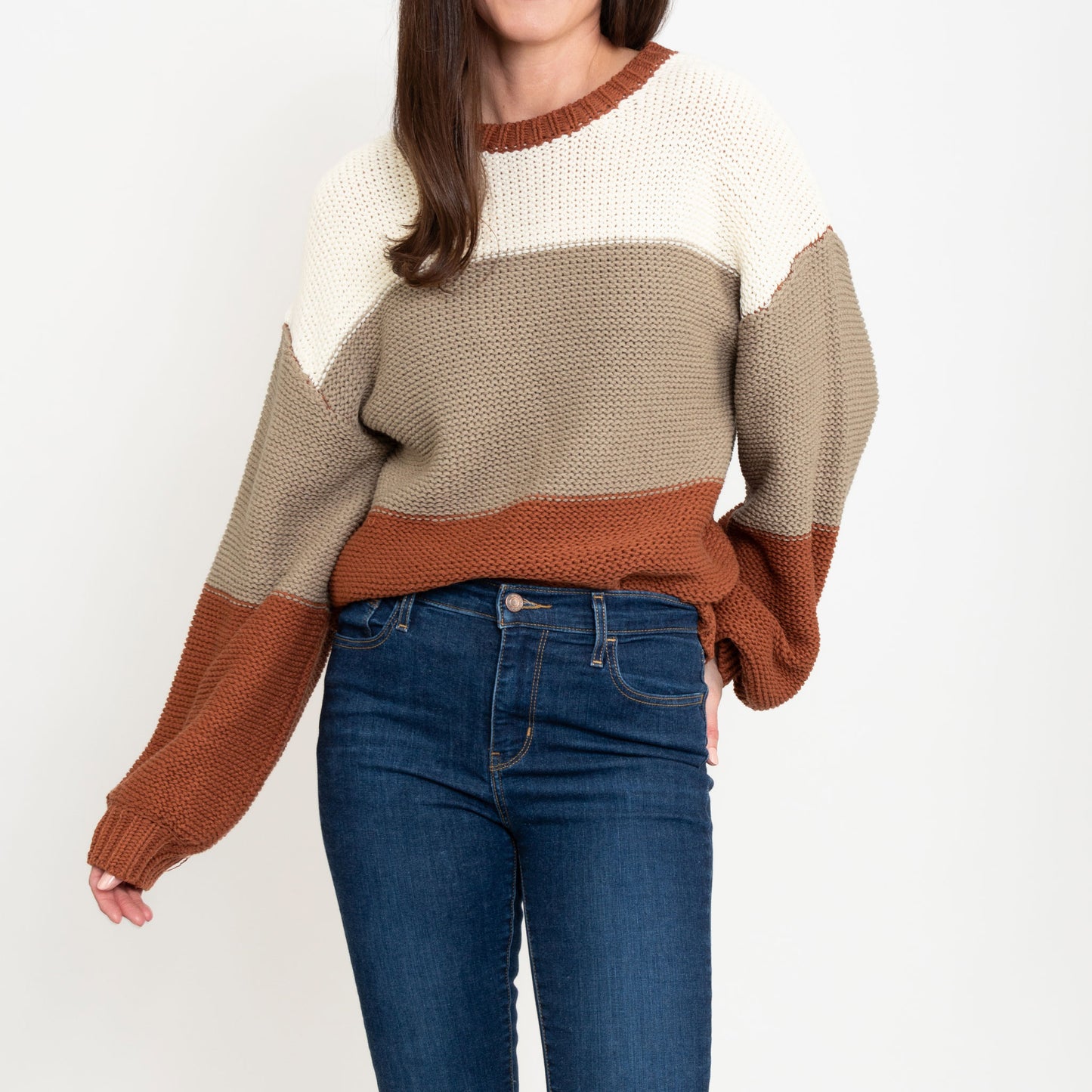 Tierra Orange Color Block Relaxed Fit Chunky Sweater