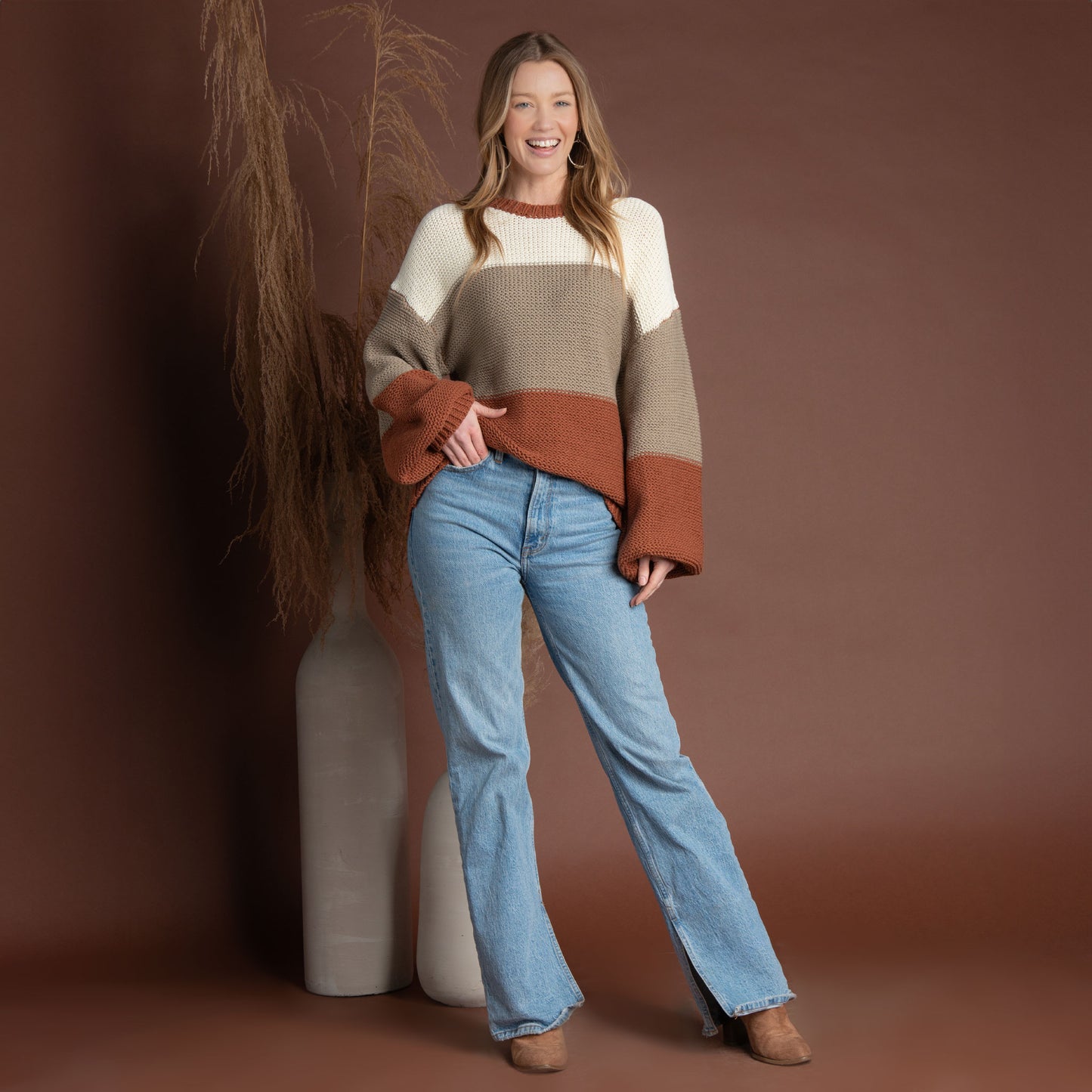 Tierra Orange Color Block Relaxed Fit Chunky Sweater