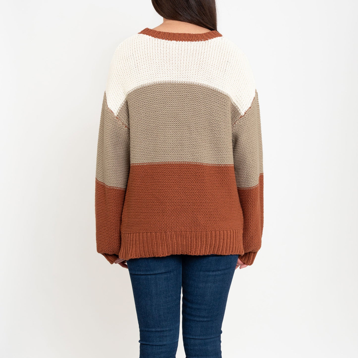 Tierra Orange Color Block Relaxed Fit Chunky Sweater