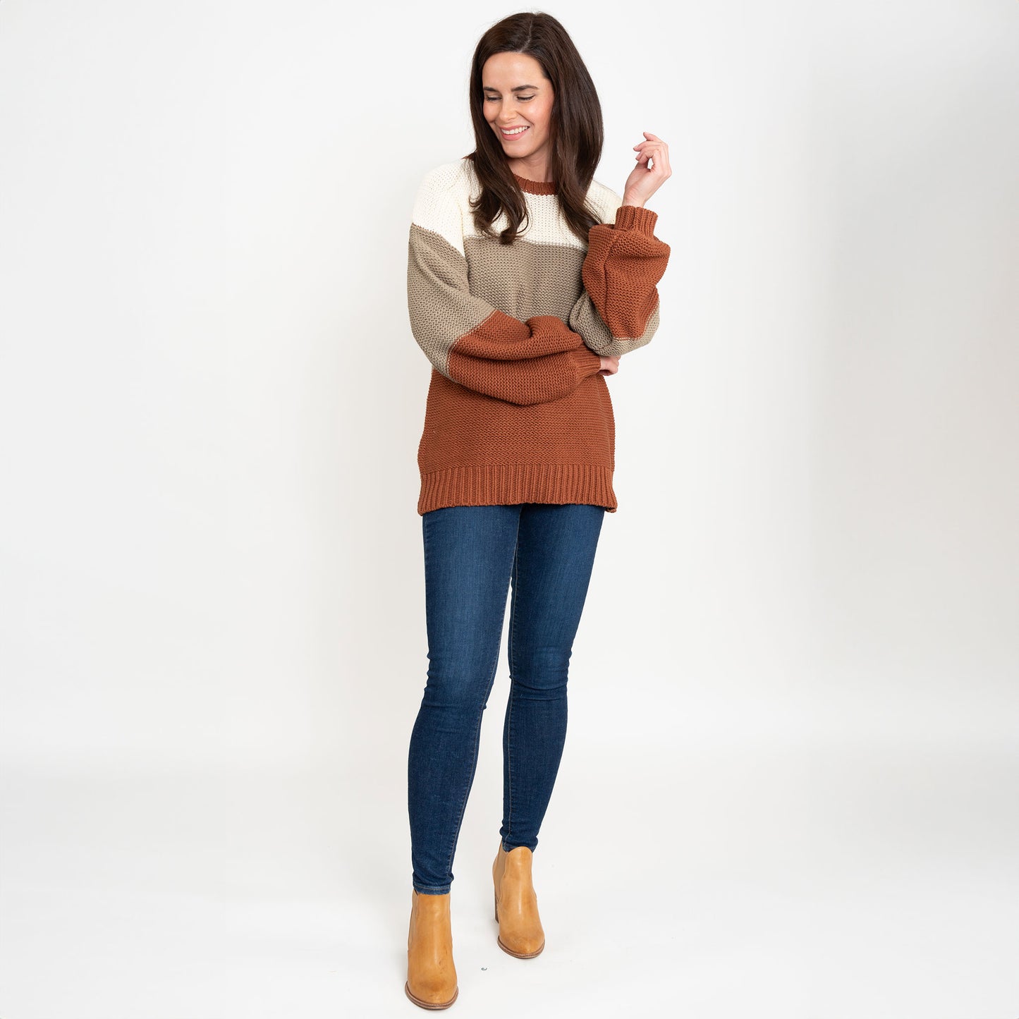 Tierra Orange Color Block Relaxed Fit Chunky Sweater