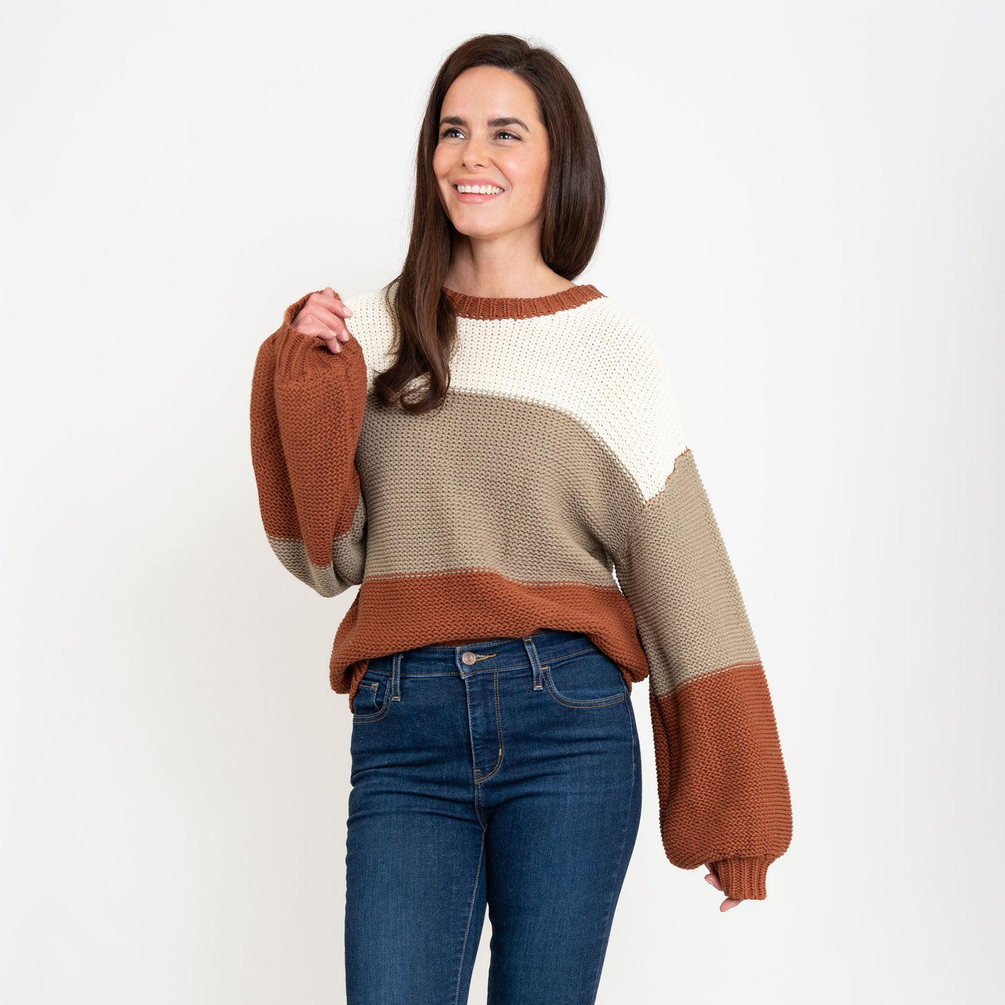 Tierra Orange Color Block Relaxed Fit Chunky Sweater