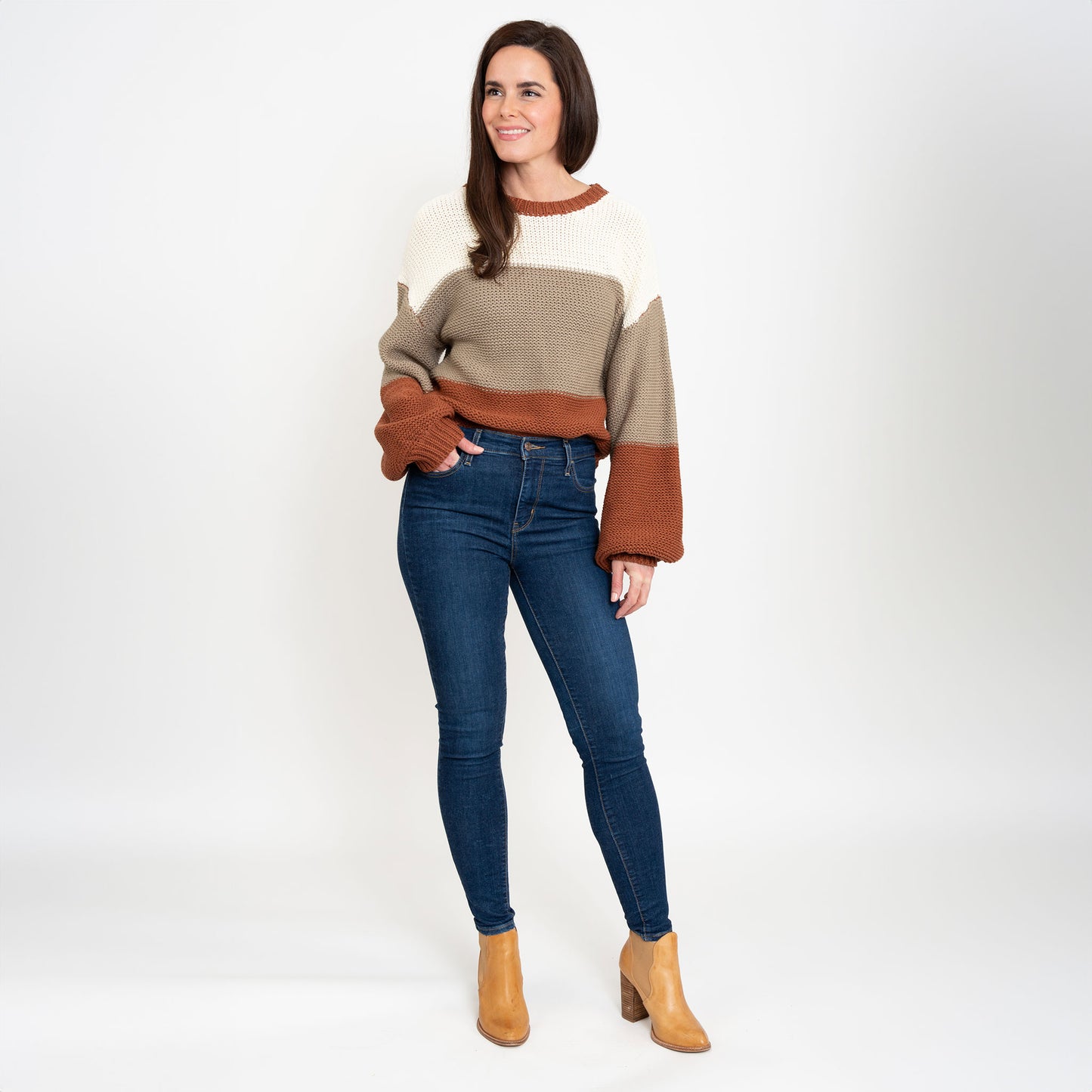 Tierra Orange Color Block Relaxed Fit Chunky Sweater