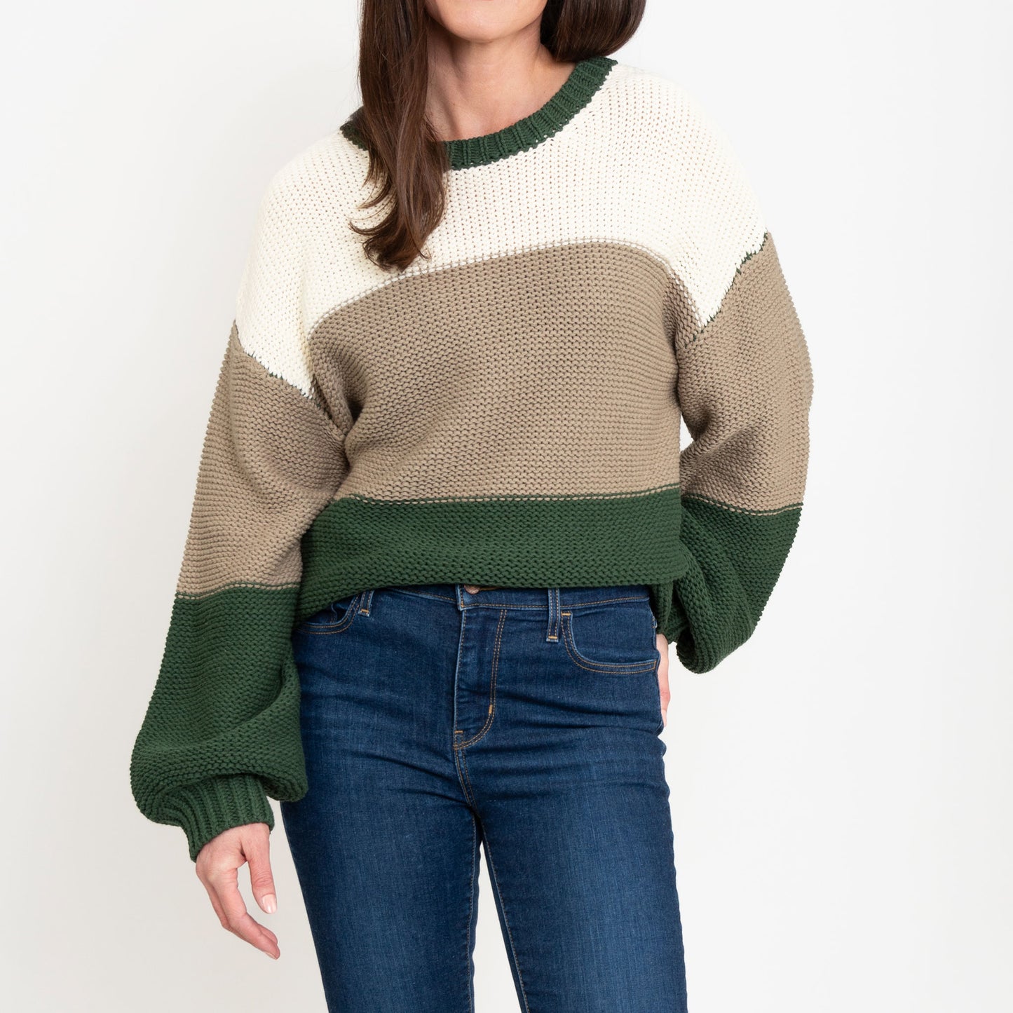 Tierra Green Color Block Relaxed Fit Chunky Sweater