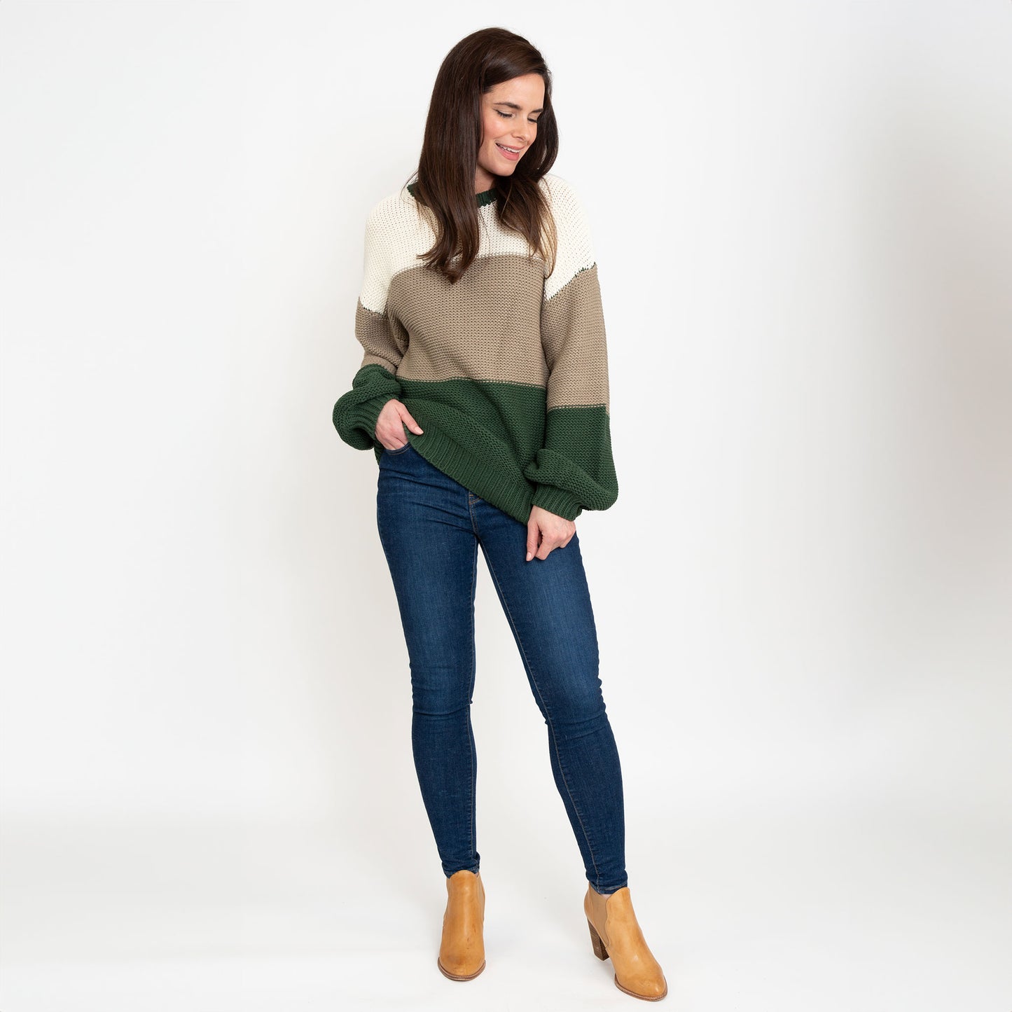 Tierra Green Color Block Relaxed Fit Chunky Sweater