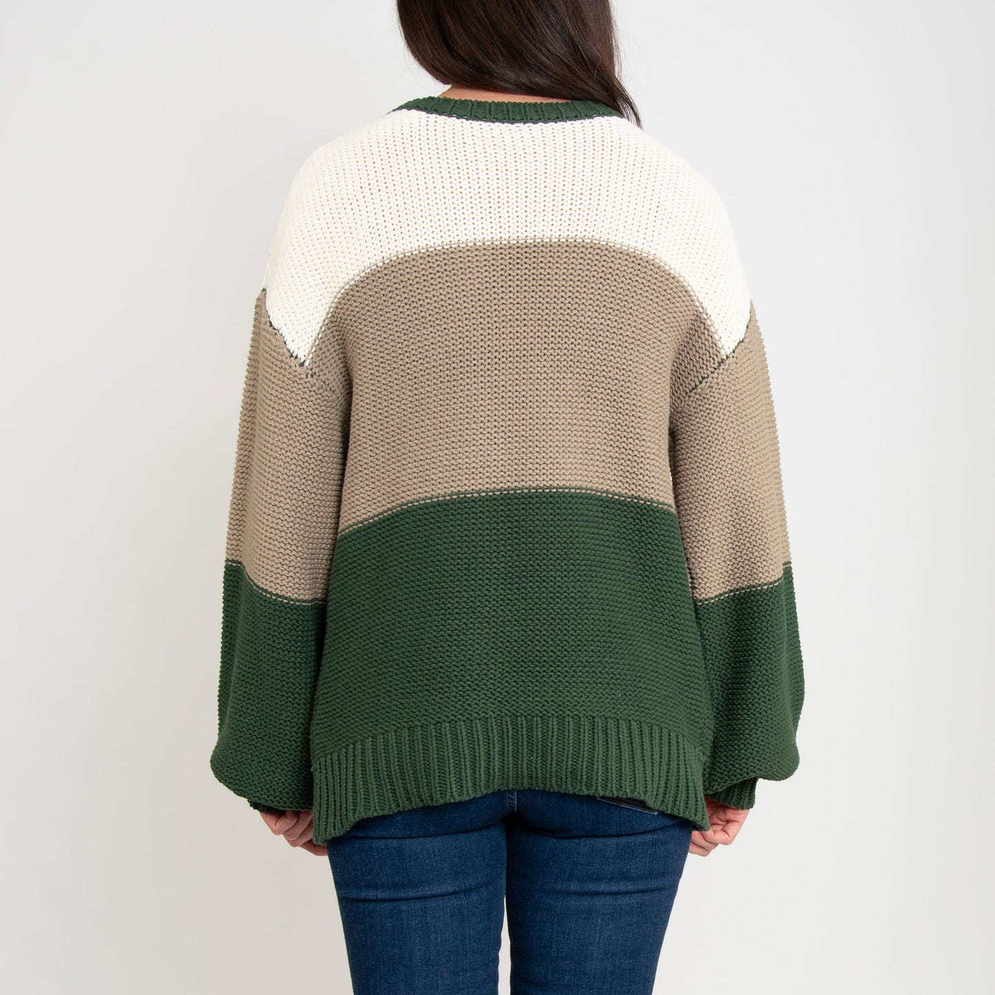 Tierra Green Color Block Relaxed Fit Chunky Sweater