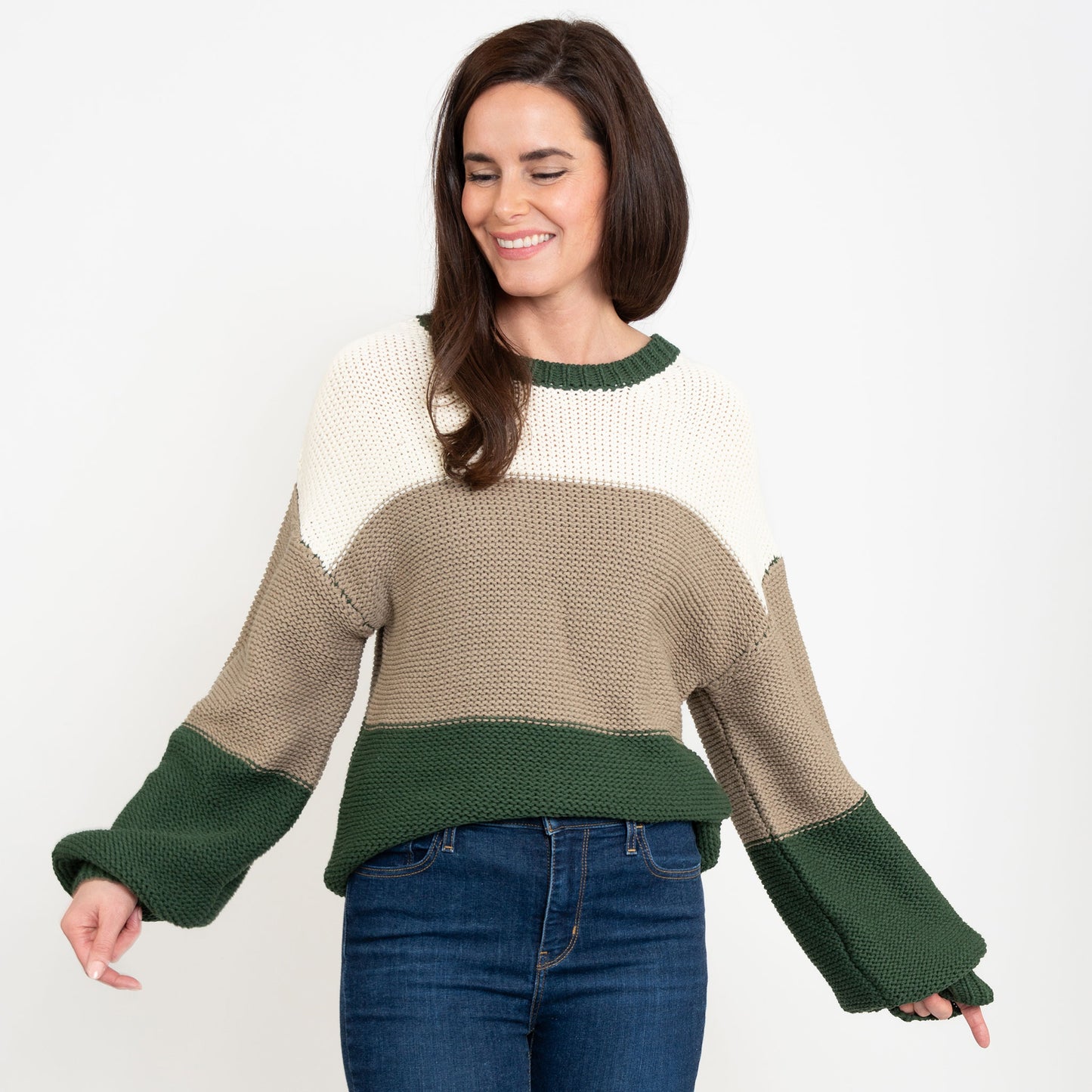 Tierra Green Color Block Relaxed Fit Chunky Sweater