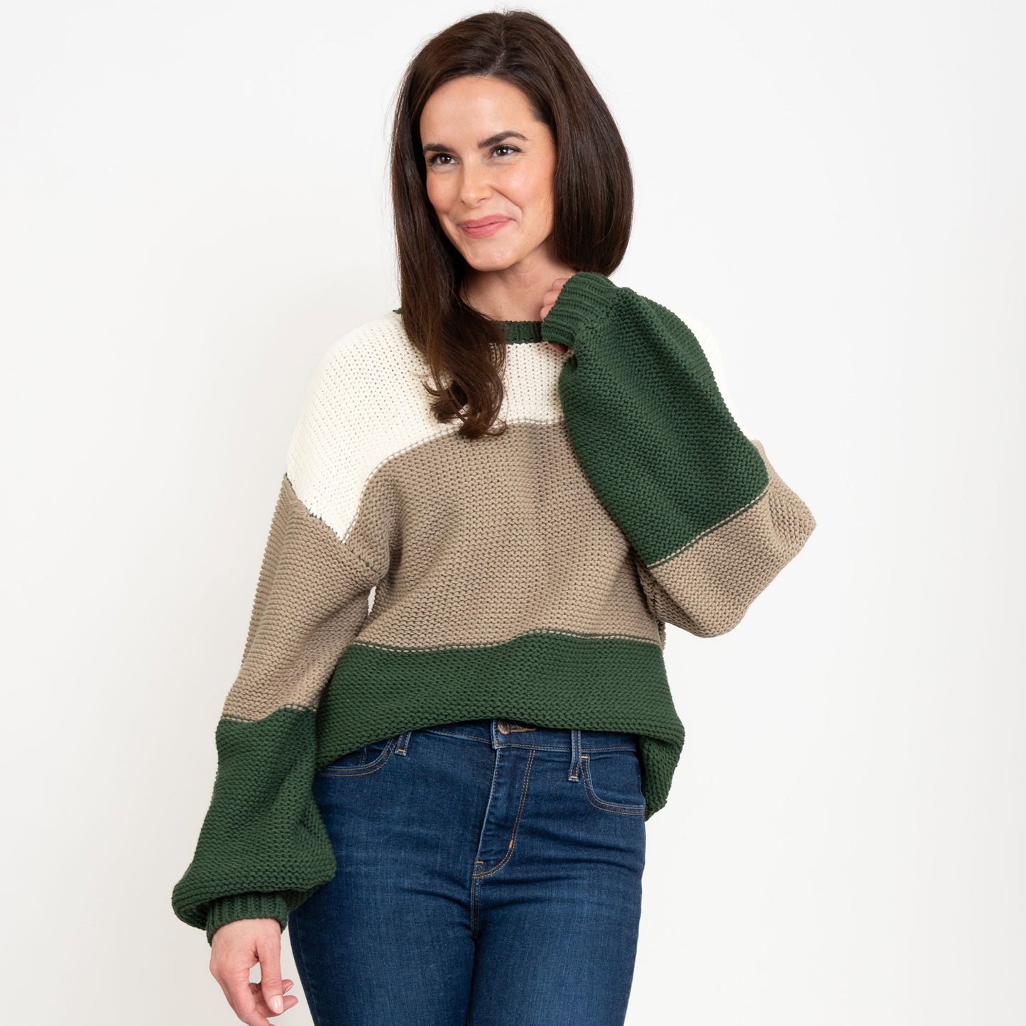 Tierra Green Color Block Relaxed Fit Chunky Sweater