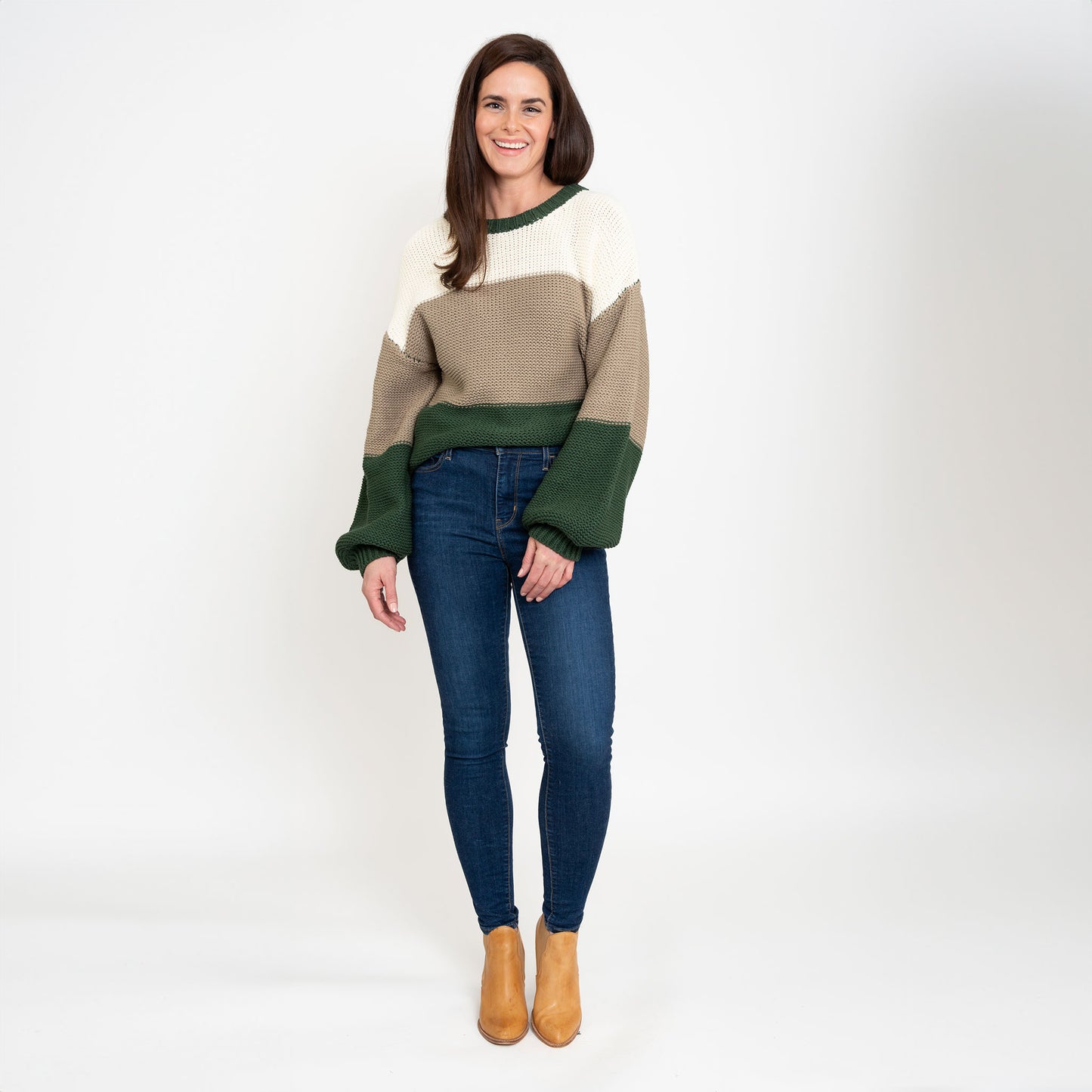 Tierra Green Color Block Relaxed Fit Chunky Sweater