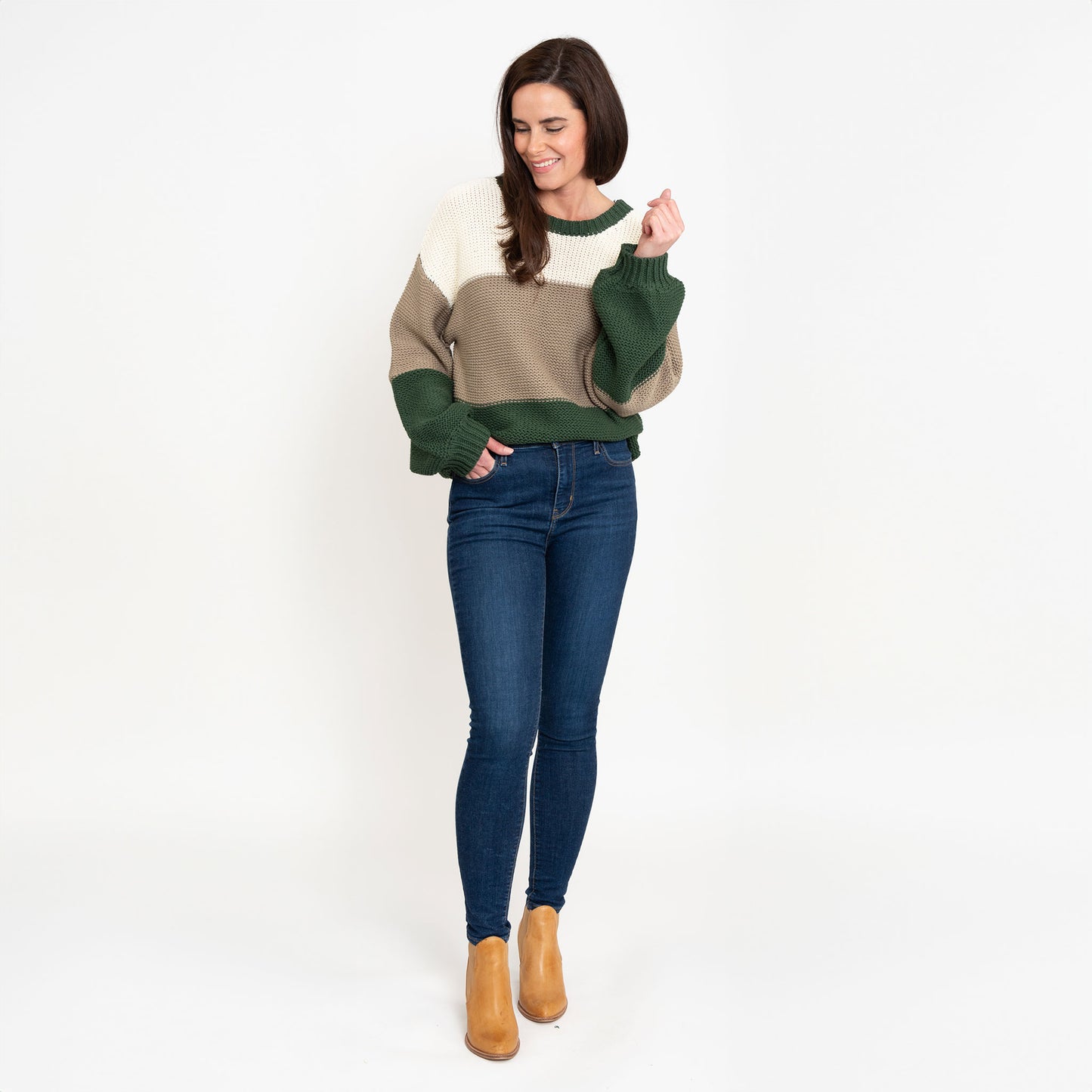 Tierra Green Color Block Relaxed Fit Chunky Sweater