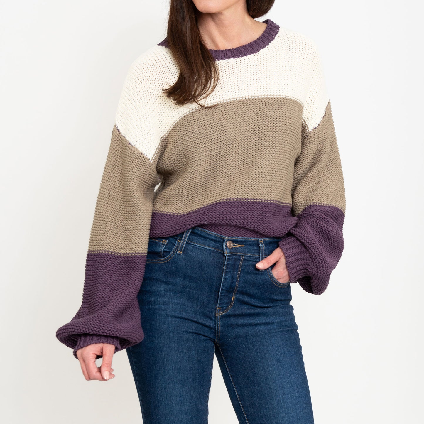 Tierra Plum Color Block Relaxed Fit Chunky Sweater