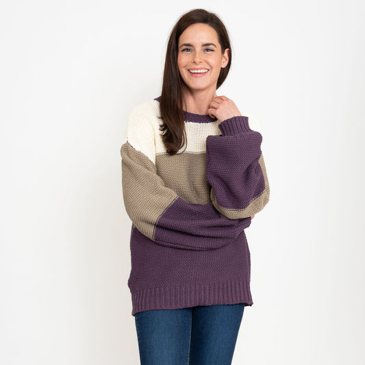 Tierra Plum Color Block Relaxed Fit Chunky Sweater