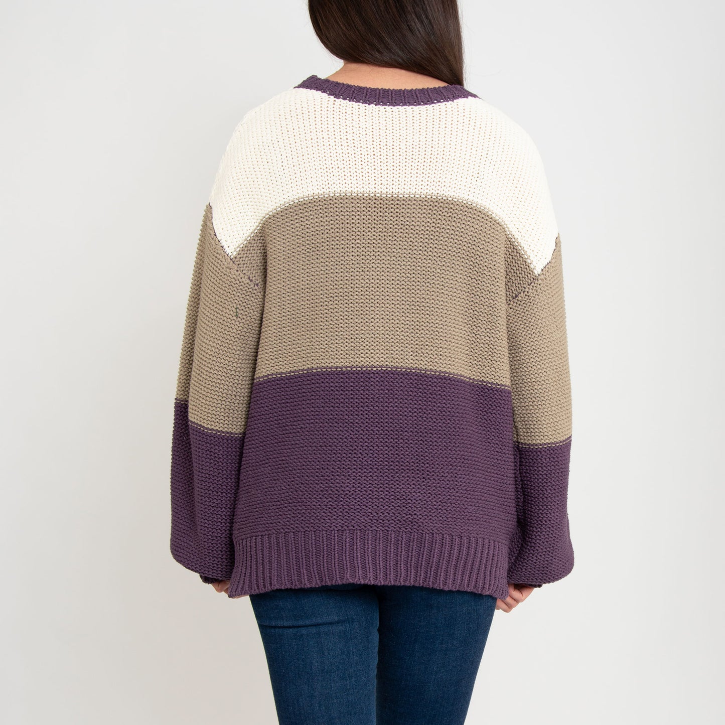 Tierra Plum Color Block Relaxed Fit Chunky Sweater