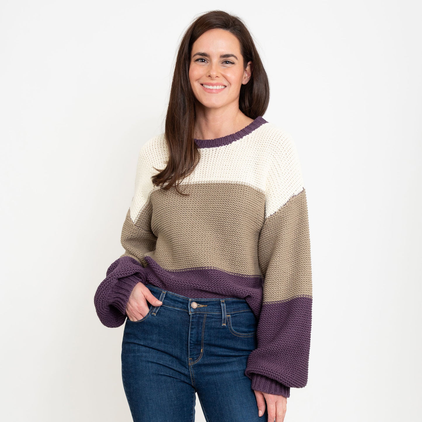 Tierra Plum Color Block Relaxed Fit Chunky Sweater