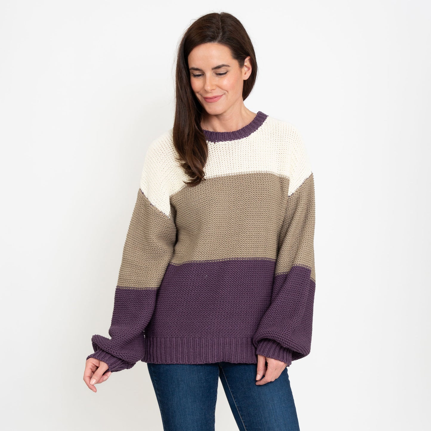 Tierra Plum Color Block Relaxed Fit Chunky Sweater