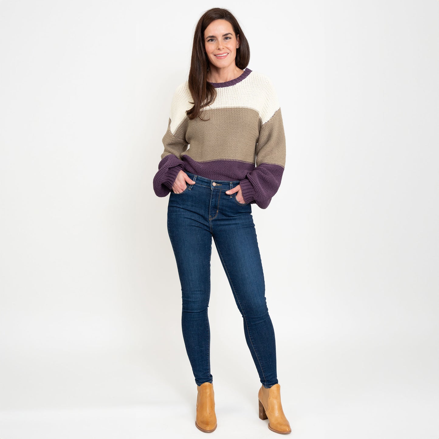 Tierra Plum Color Block Relaxed Fit Chunky Sweater