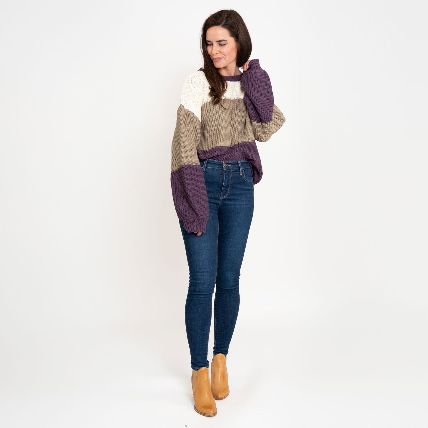 Tierra Plum Color Block Relaxed Fit Chunky Sweater