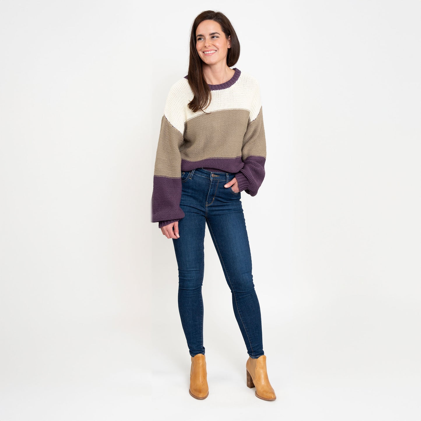 Tierra Plum Color Block Relaxed Fit Chunky Sweater