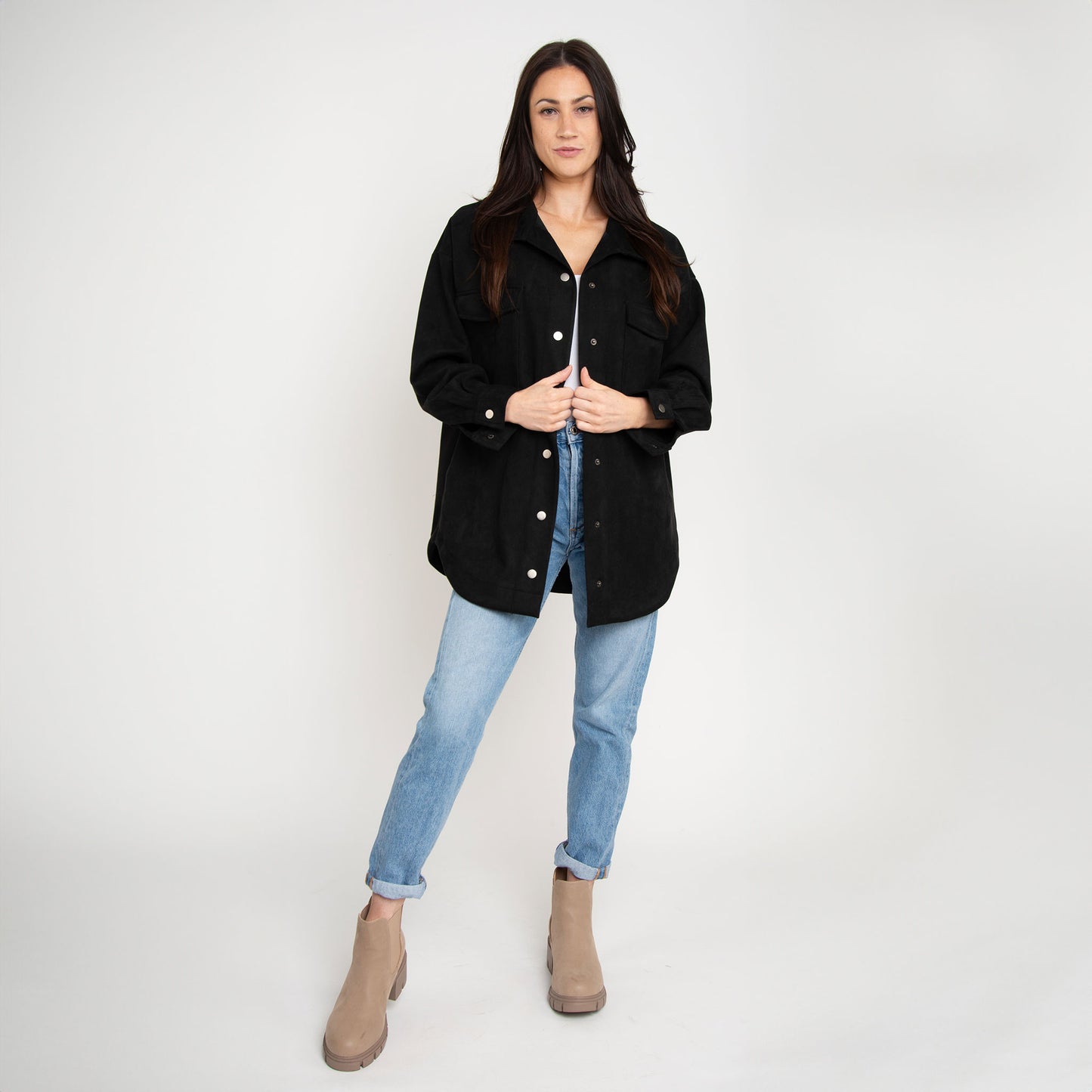 Lennox Black Faux Suede Button Up Shacket