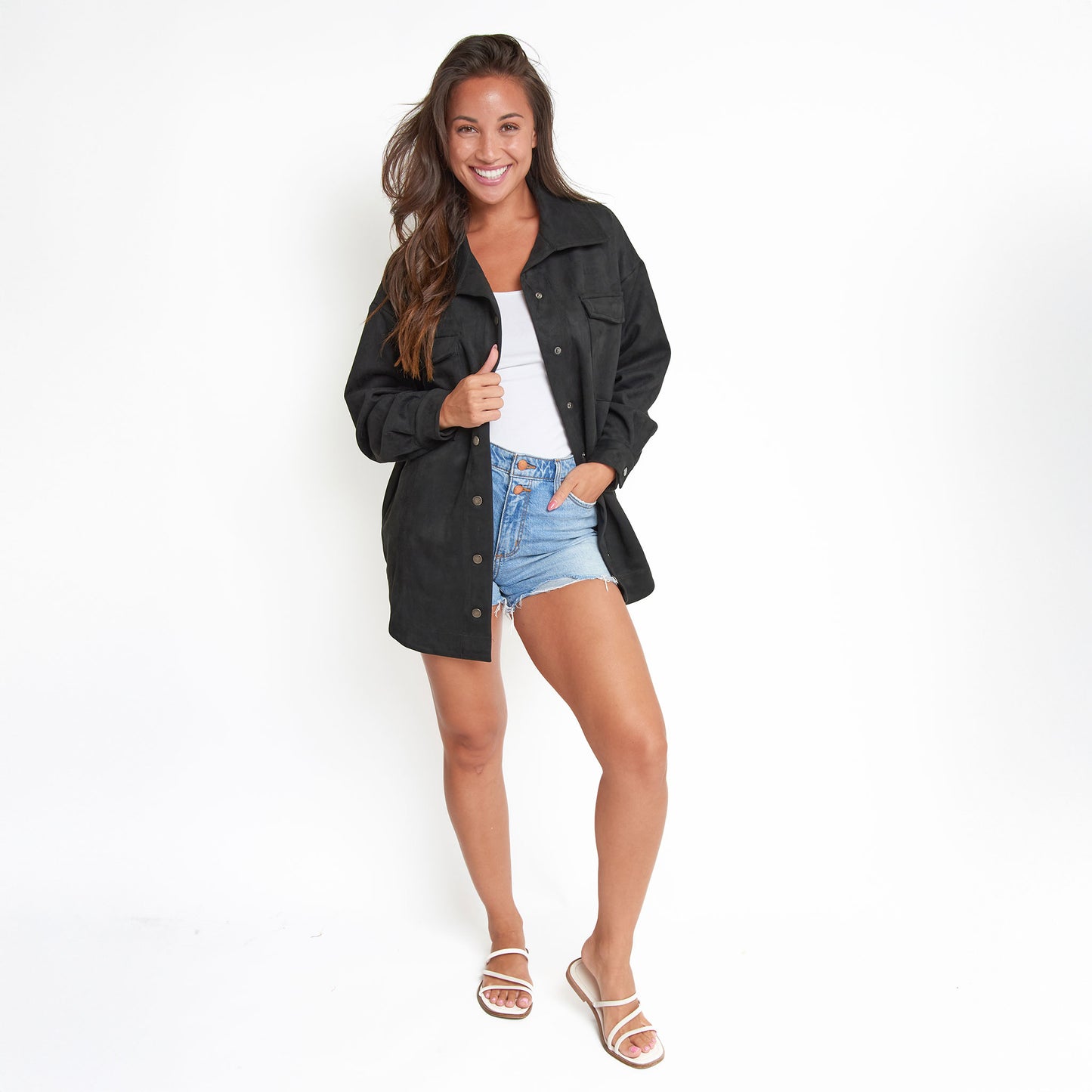 Lennox Black Faux Suede Button Up Shacket