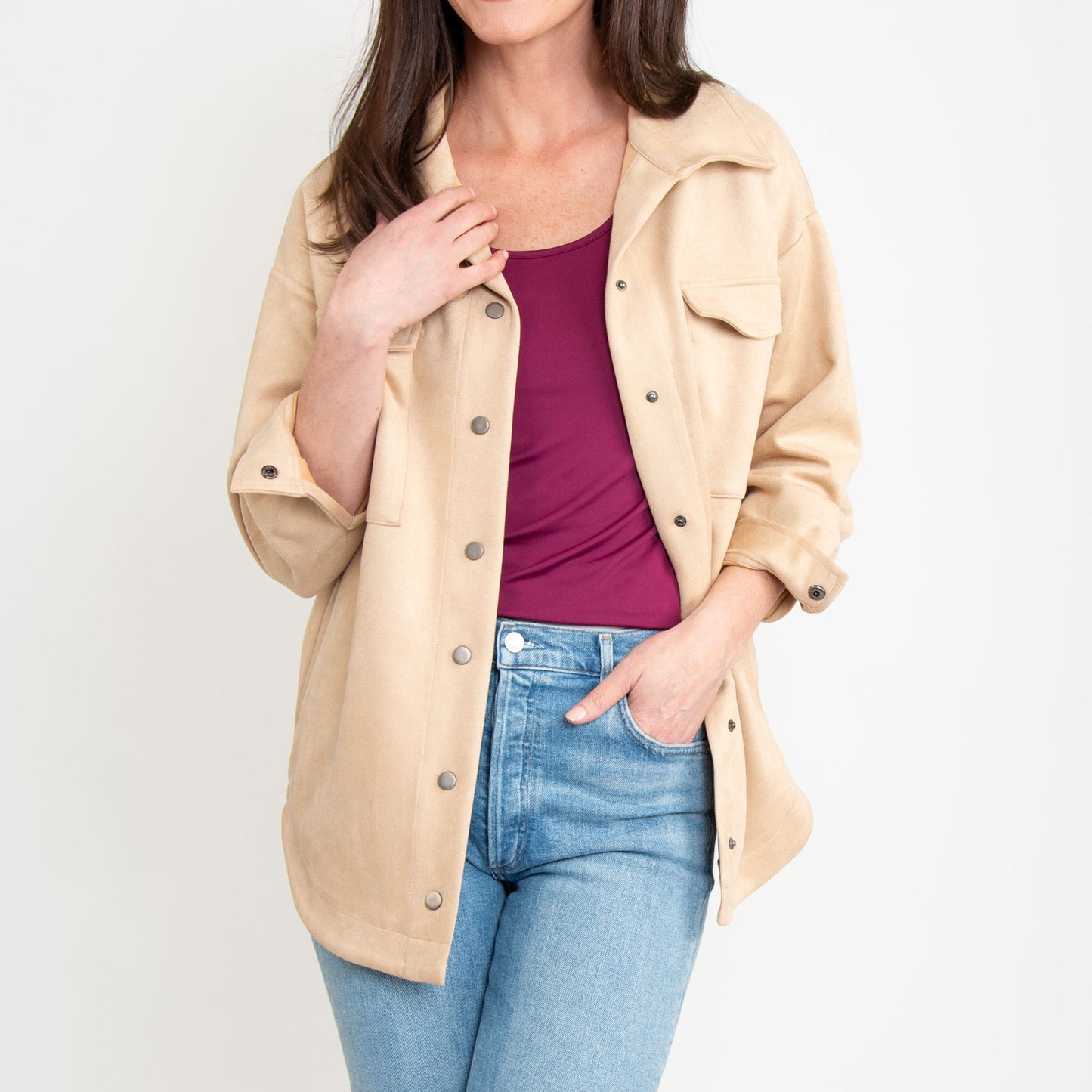 Lennox Tan Faux Suede Button Up Shacket